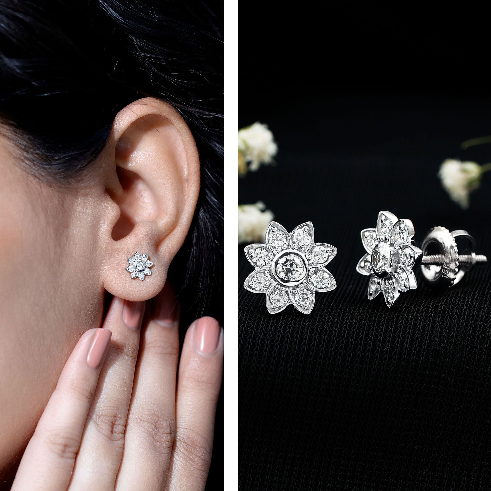Diamond Flower Stud Earrings With Screw Back Natural - ( HI-SI ) - Rosec Jewels