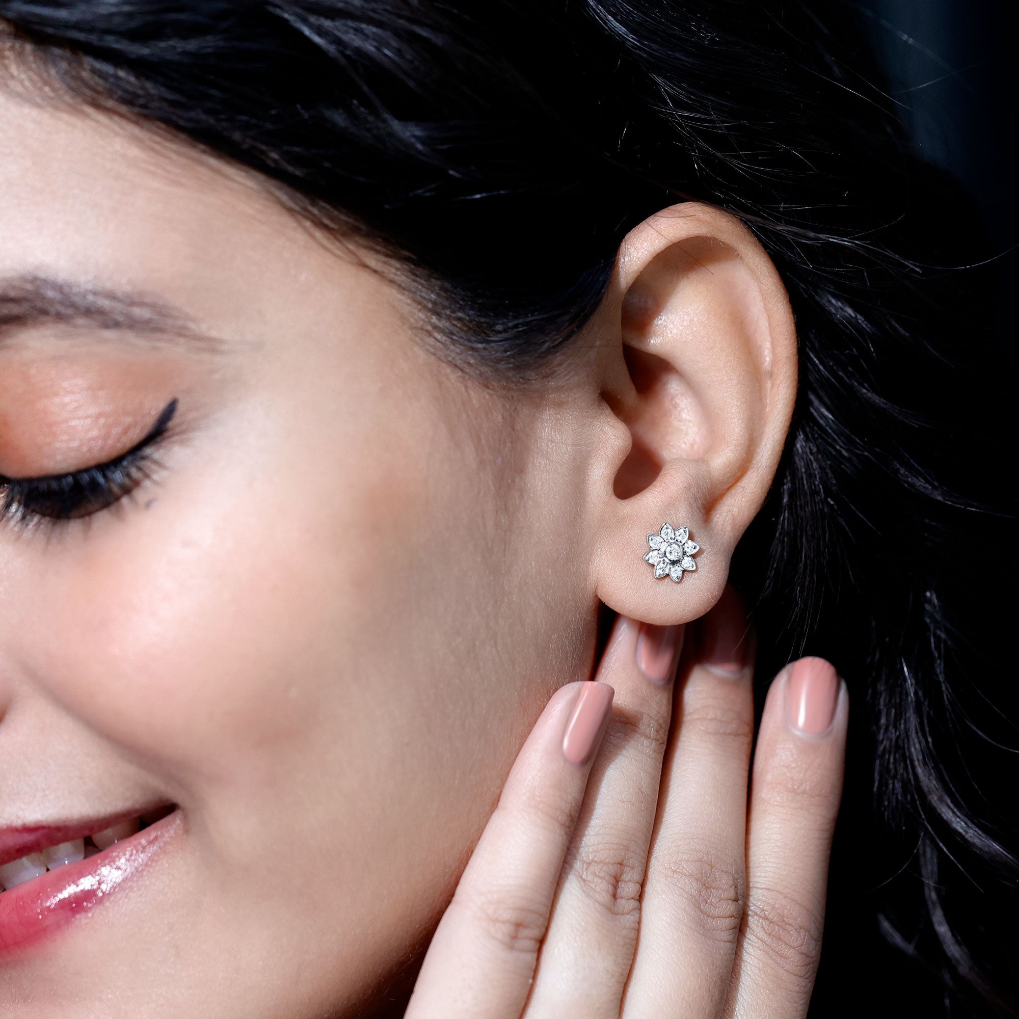 Diamond Flower Stud Earrings With Screw Back Natural - ( HI-SI ) - Rosec Jewels