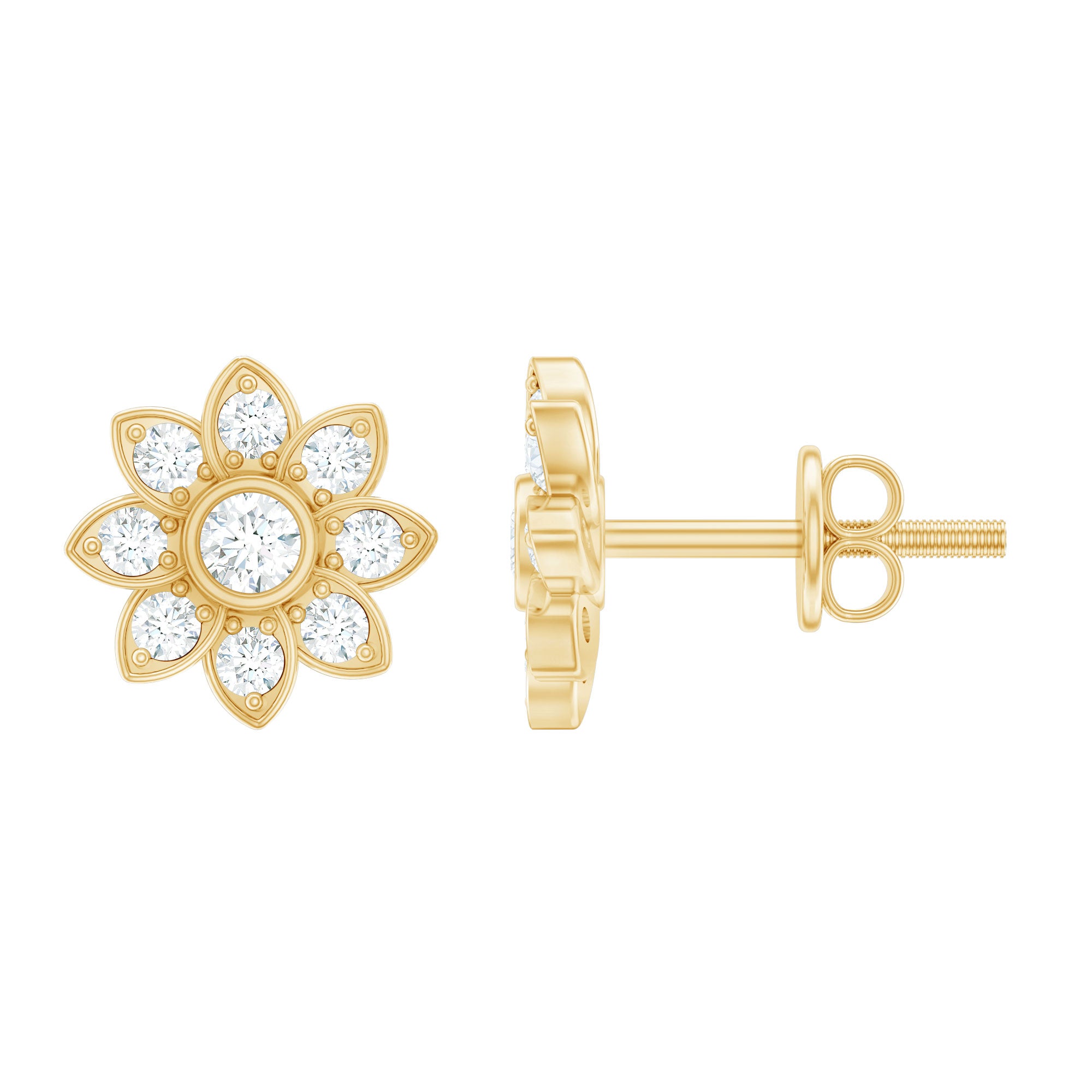 Diamond Flower Stud Earrings With Screw Back Natural - ( HI-SI ) - Rosec Jewels