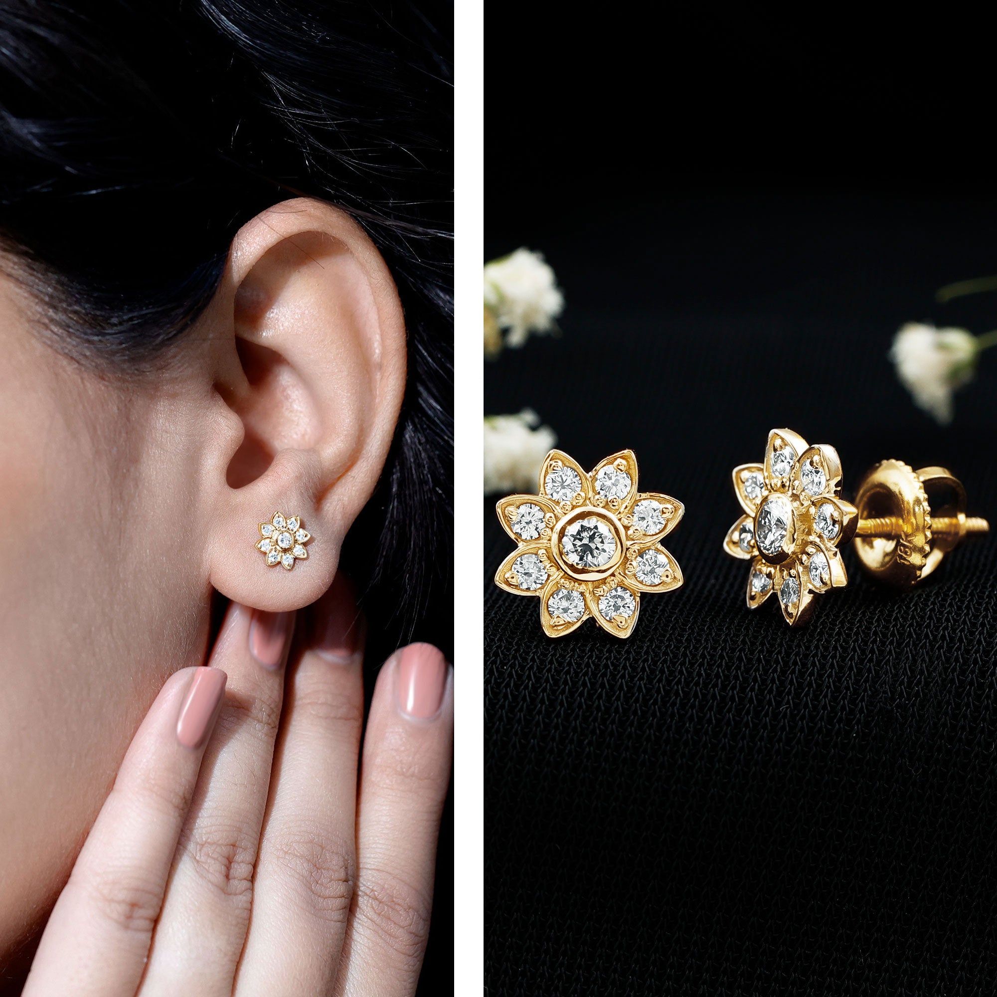 Diamond Flower Stud Earrings With Screw Back Natural - ( HI-SI ) - Rosec Jewels
