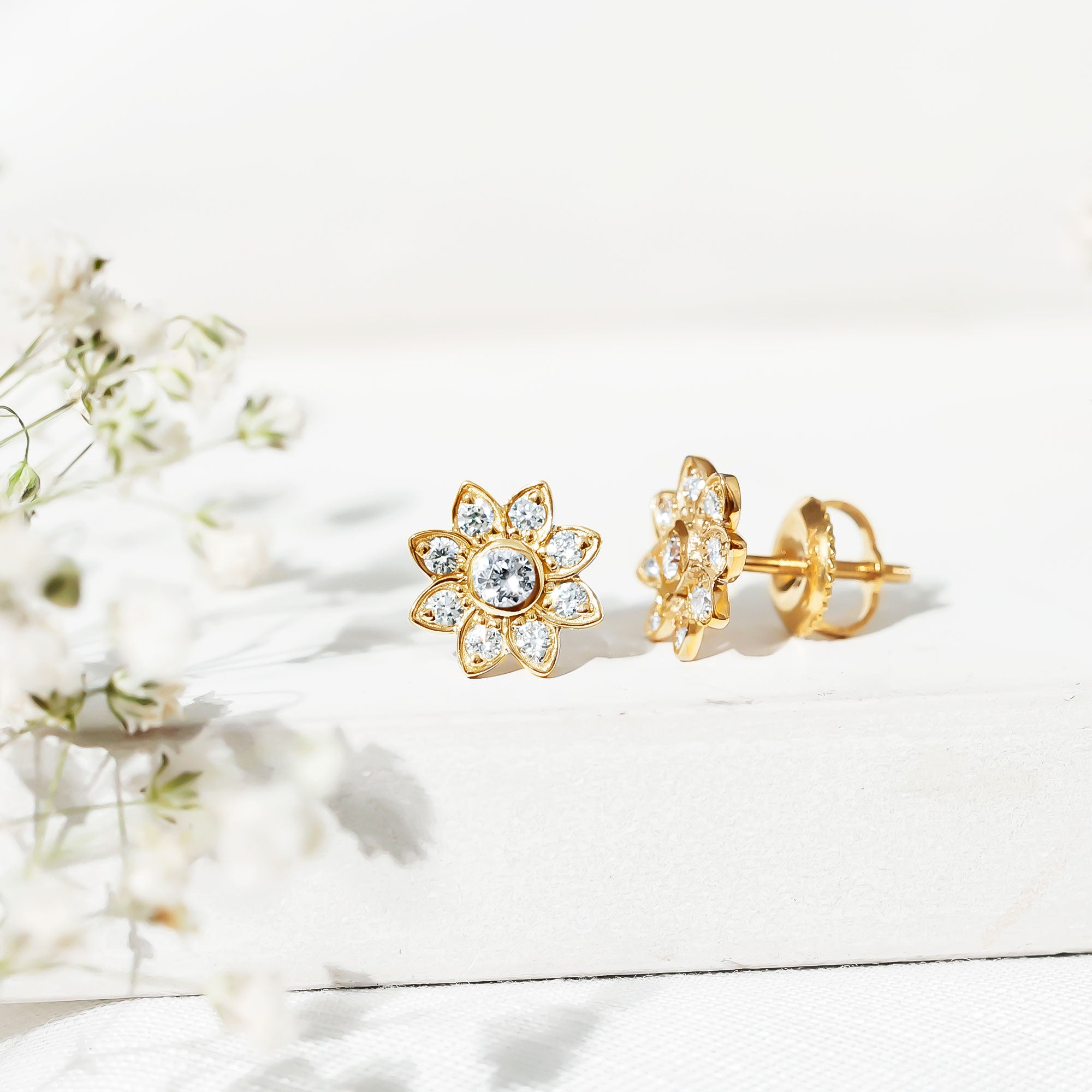 Diamond Flower Stud Earrings With Screw Back Natural - ( HI-SI ) - Rosec Jewels