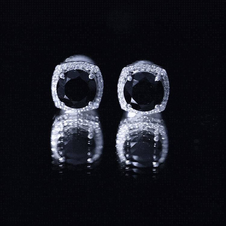Vintage Black Onyx Stud Earrings with Diamond Halo AAA - Rosec Jewels