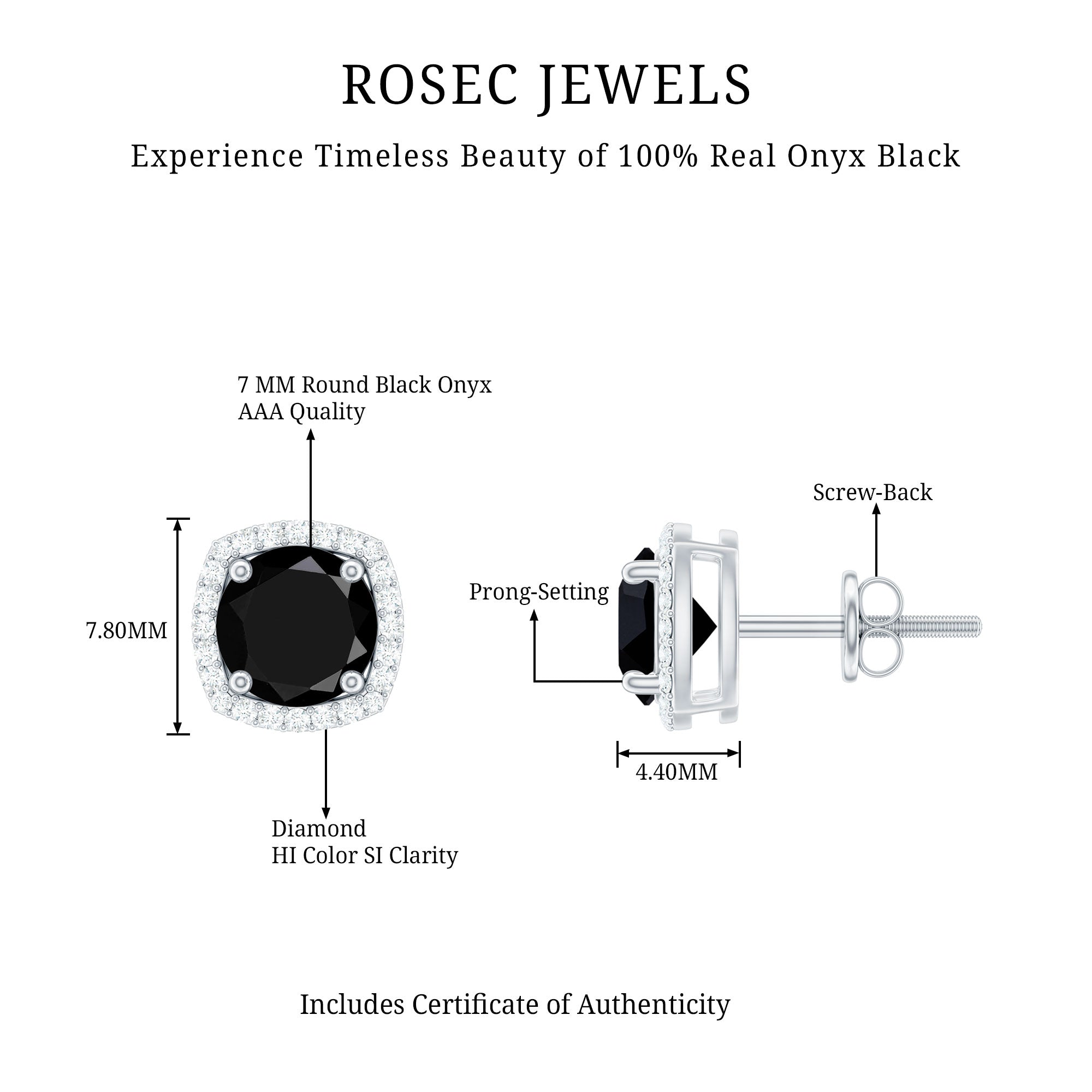 Vintage Black Onyx Stud Earrings with Diamond Halo AAA - Rosec Jewels