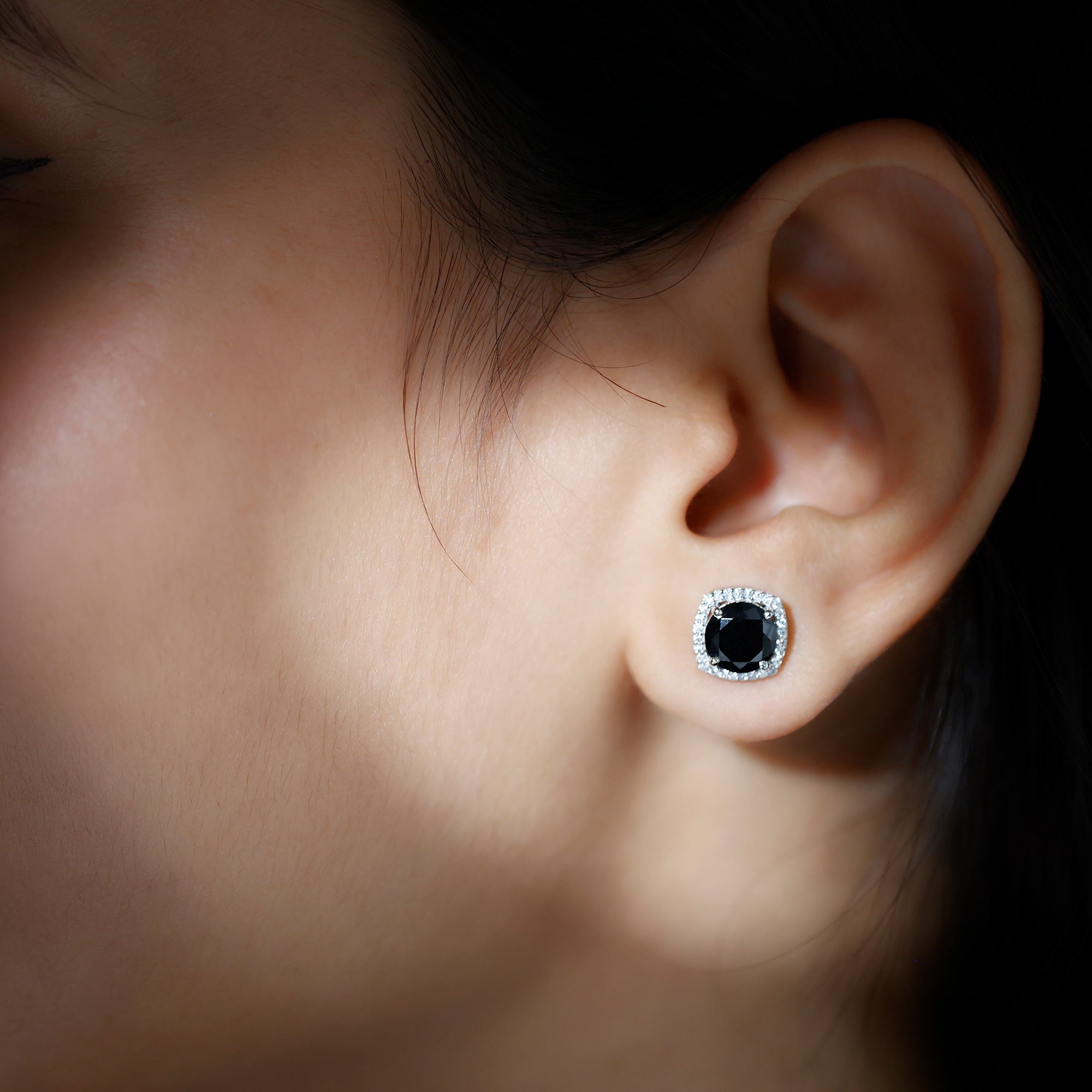 Vintage Black Onyx Stud Earrings with Diamond Halo AAA - Rosec Jewels
