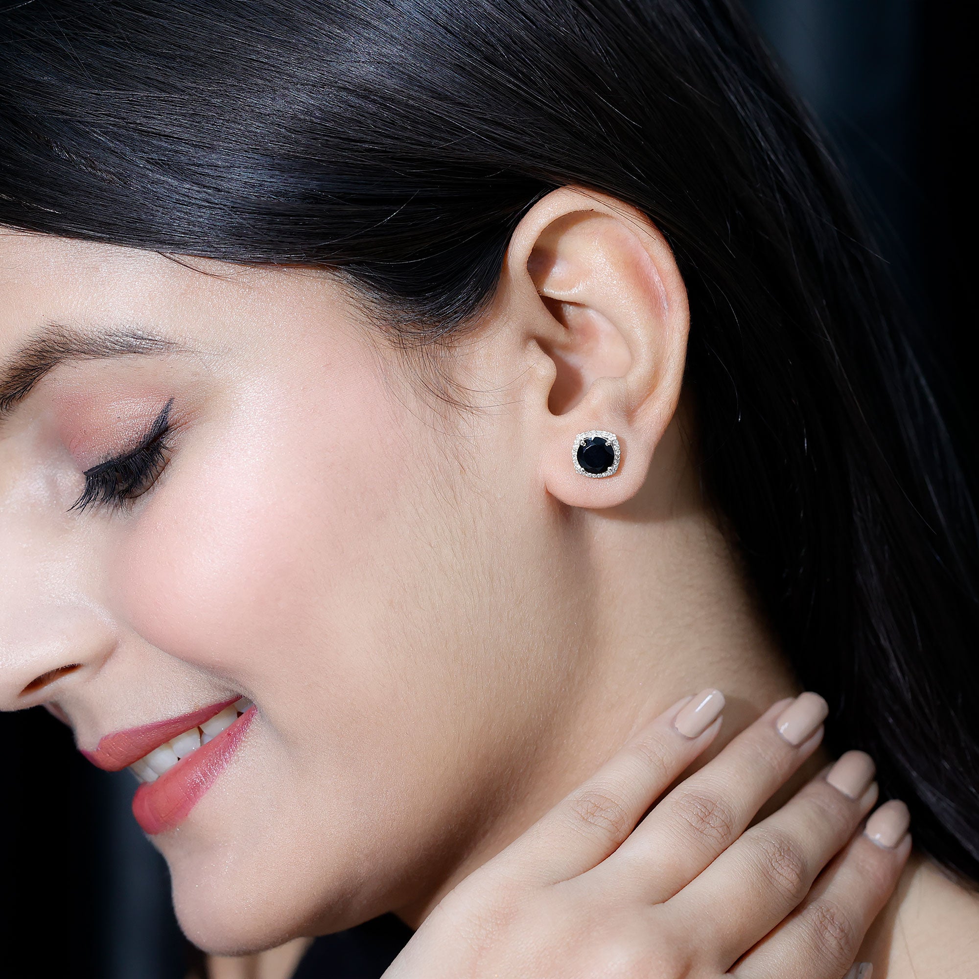 Vintage Black Onyx Stud Earrings with Diamond Halo AAA - Rosec Jewels