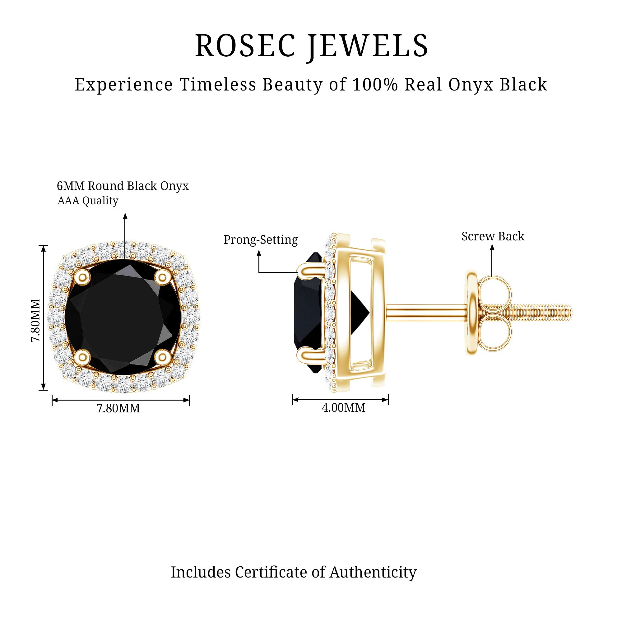 Vintage Black Onyx Stud Earrings with Diamond Halo AAA - Rosec Jewels
