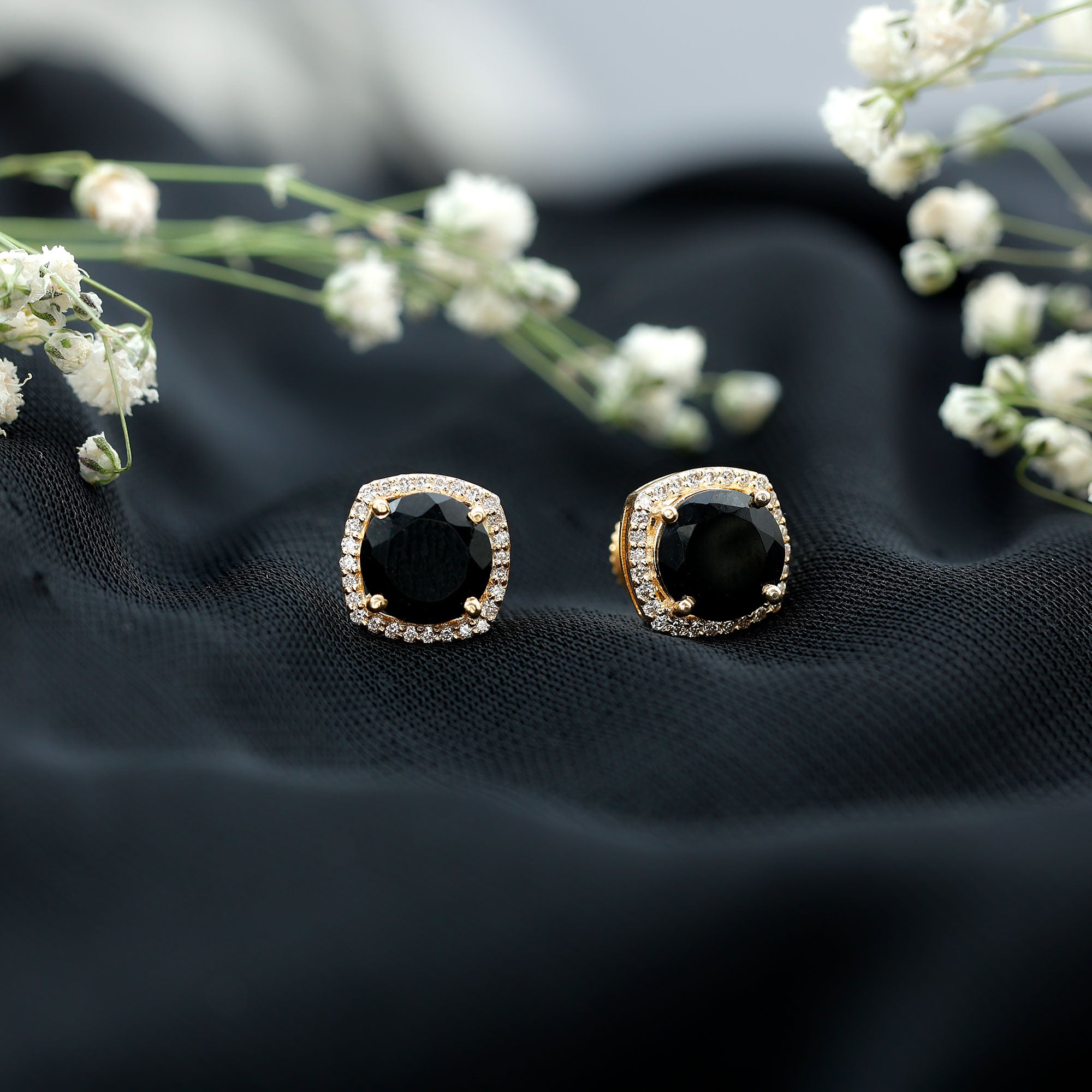Vintage Black Onyx Stud Earrings with Diamond Halo AAA - Rosec Jewels