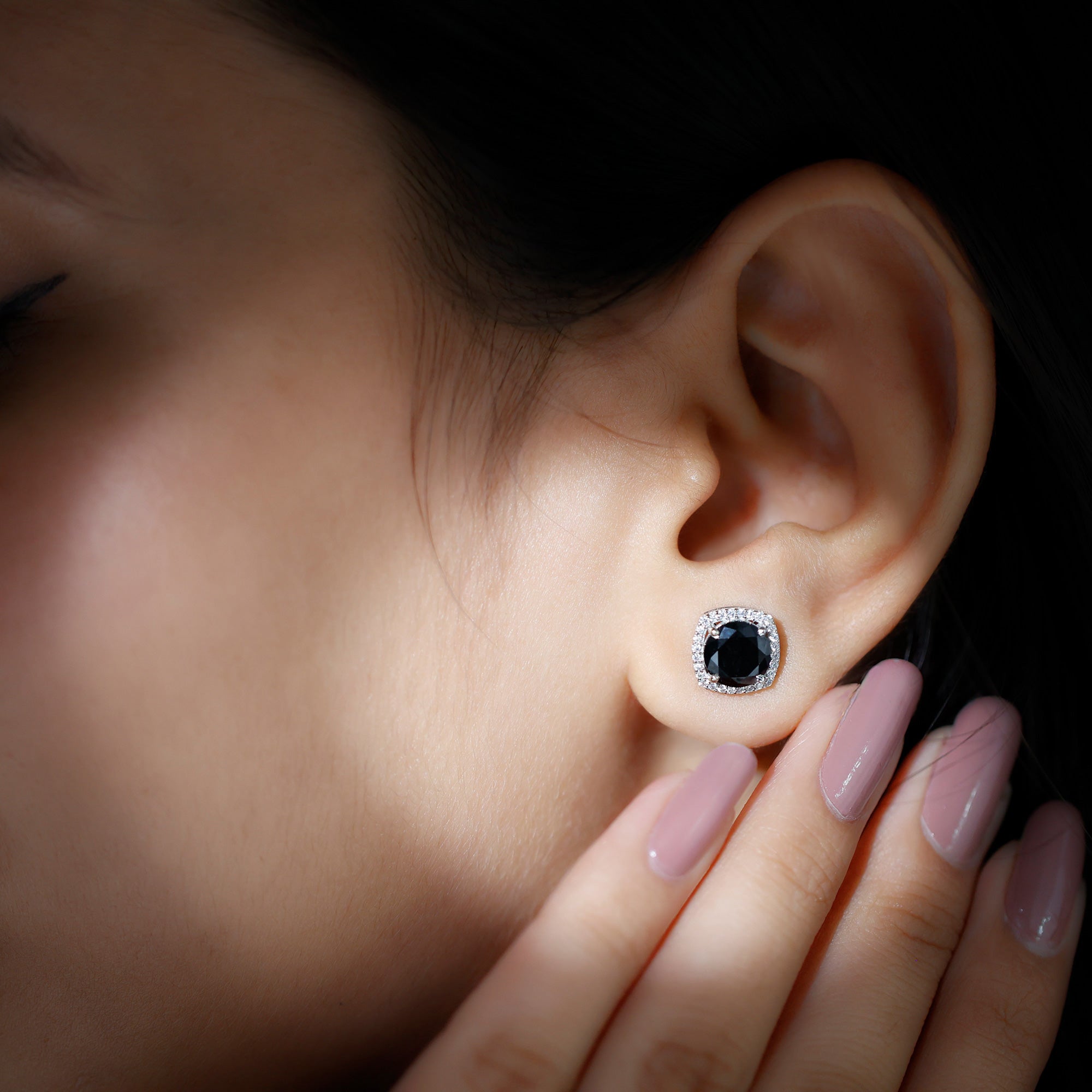 3 Carat Black Spinel Stud Earrings with Diamond Halo AAA - Rosec Jewels