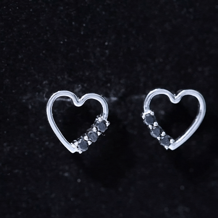 Open Heart Stud Earrings with 3 Lab Created Black Diamonds AAAA ( Synthetic ) - Rosec Jewels