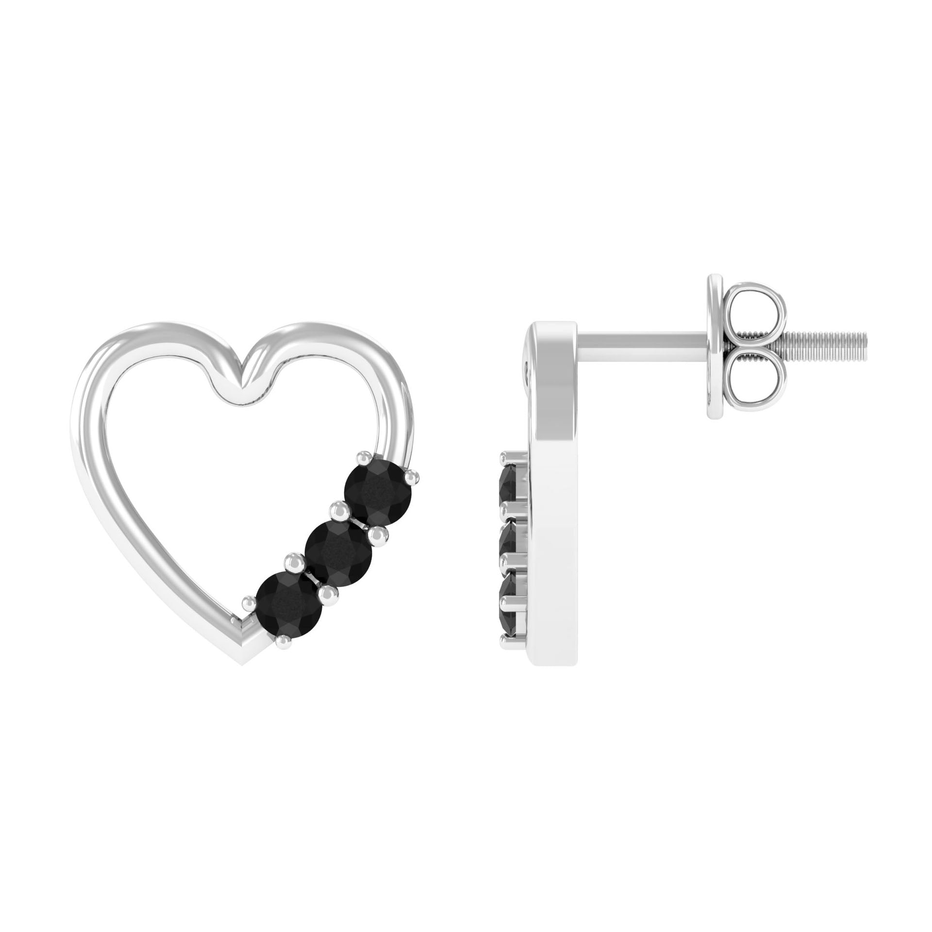 Open Heart Stud Earrings with 3 Lab Created Black Diamonds AAAA ( Synthetic ) - Rosec Jewels