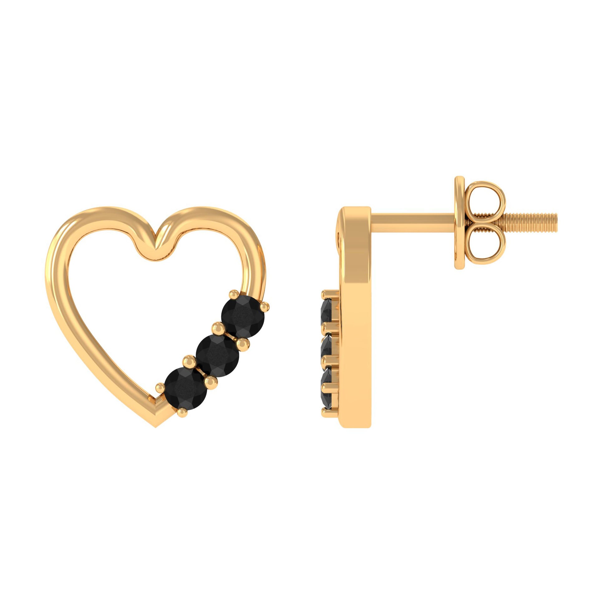Open Heart Stud Earrings with 3 Lab Created Black Diamonds AAAA ( Synthetic ) - Rosec Jewels