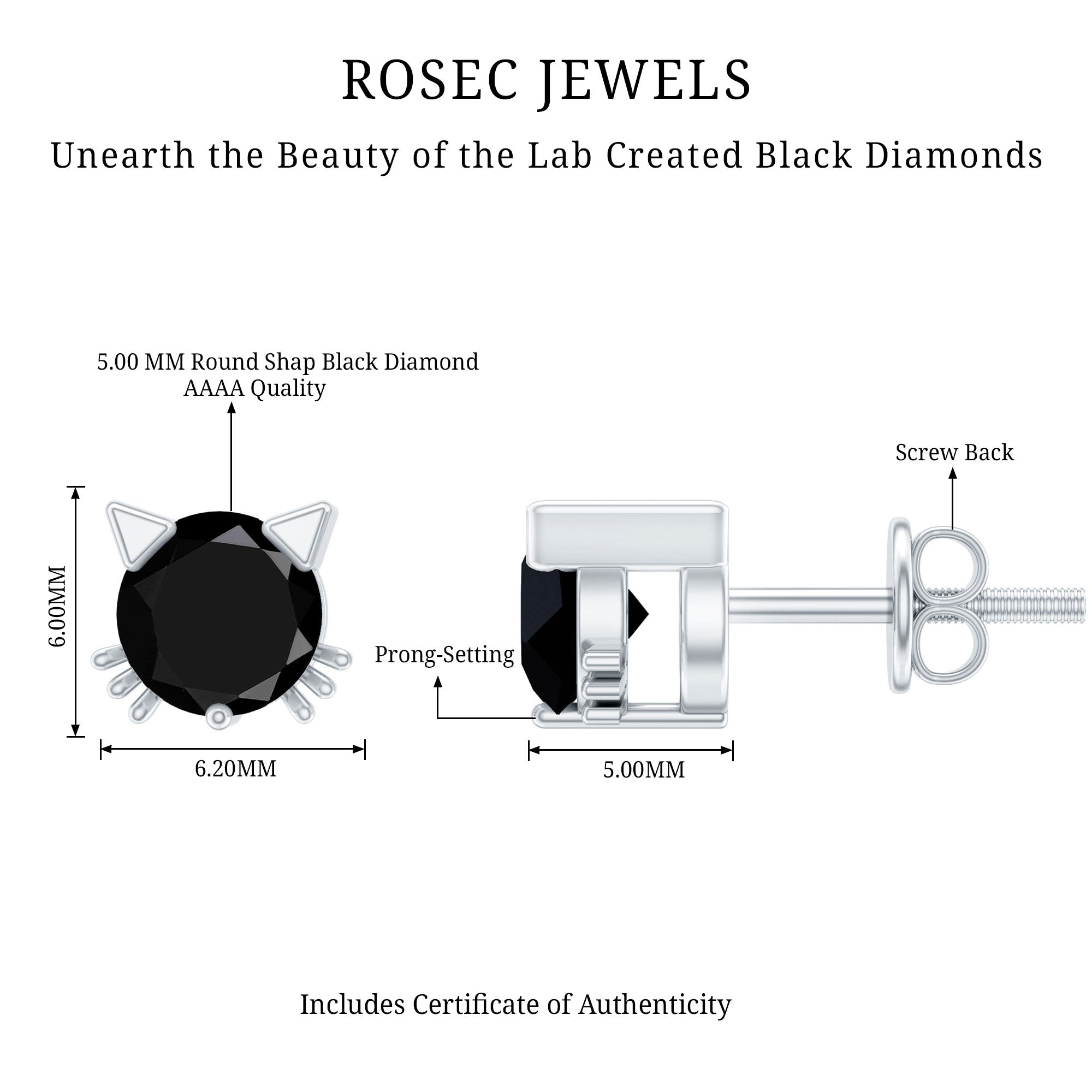 5MM Round Lab Created Black Diamond Cat Stud Earrings AAAA ( Synthetic ) - Rosec Jewels