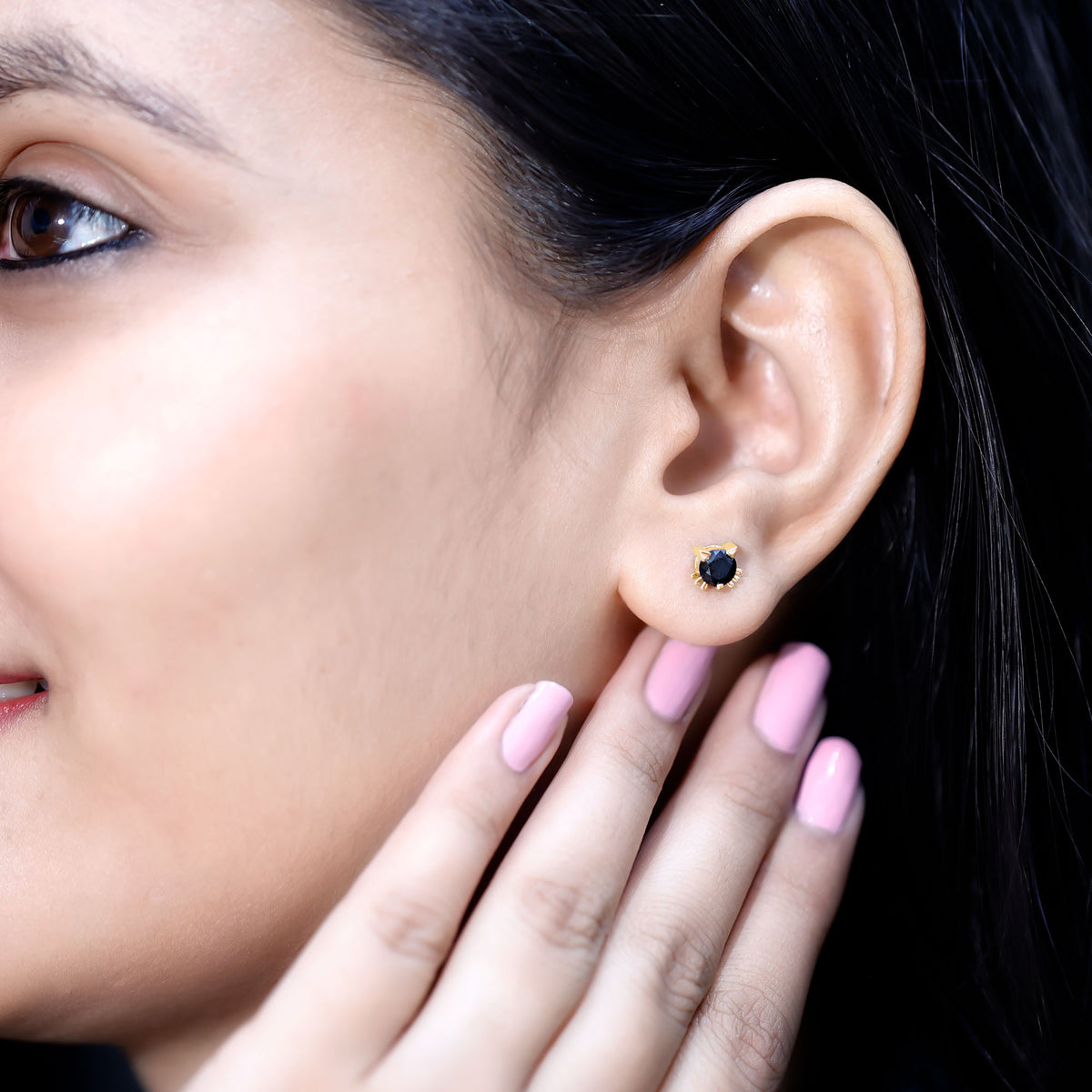 5MM Round Lab Created Black Diamond Cat Stud Earrings AAAA ( Synthetic ) - Rosec Jewels