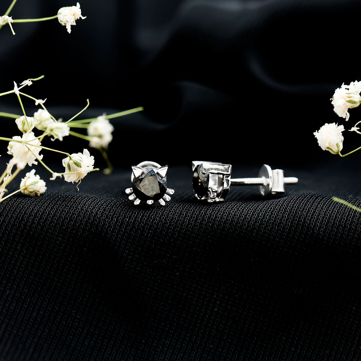5MM Round Lab Created Black Diamond Cat Stud Earrings AAAA ( Synthetic ) - Rosec Jewels