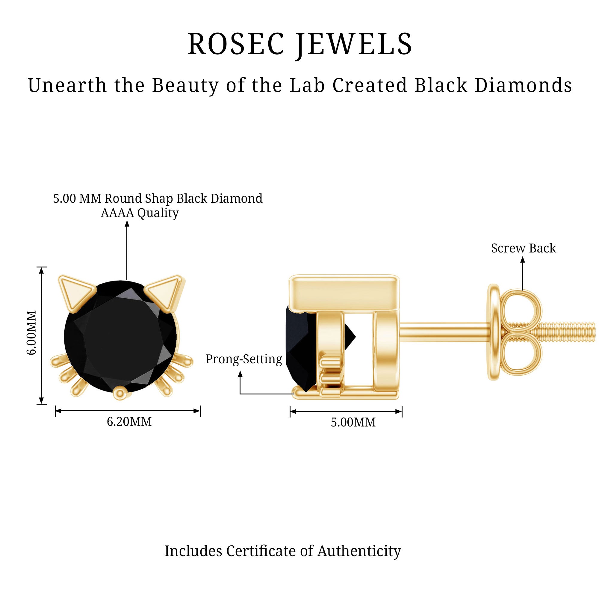 5MM Round Lab Created Black Diamond Cat Stud Earrings AAAA ( Synthetic ) - Rosec Jewels