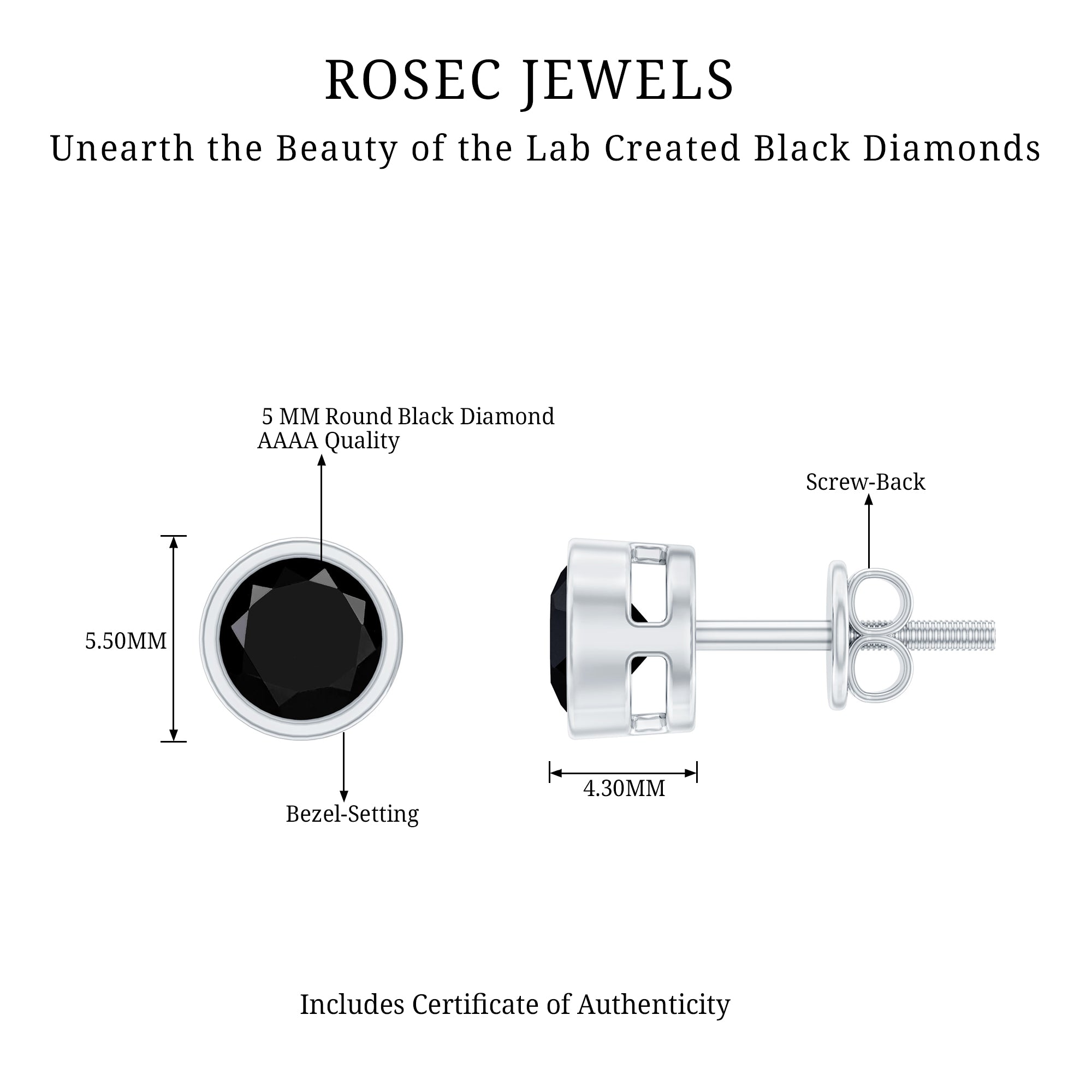 5MM Bezel Set Lab Created Black Diamond Solitaire Stud Earrings AAAA ( Synthetic ) - Rosec Jewels