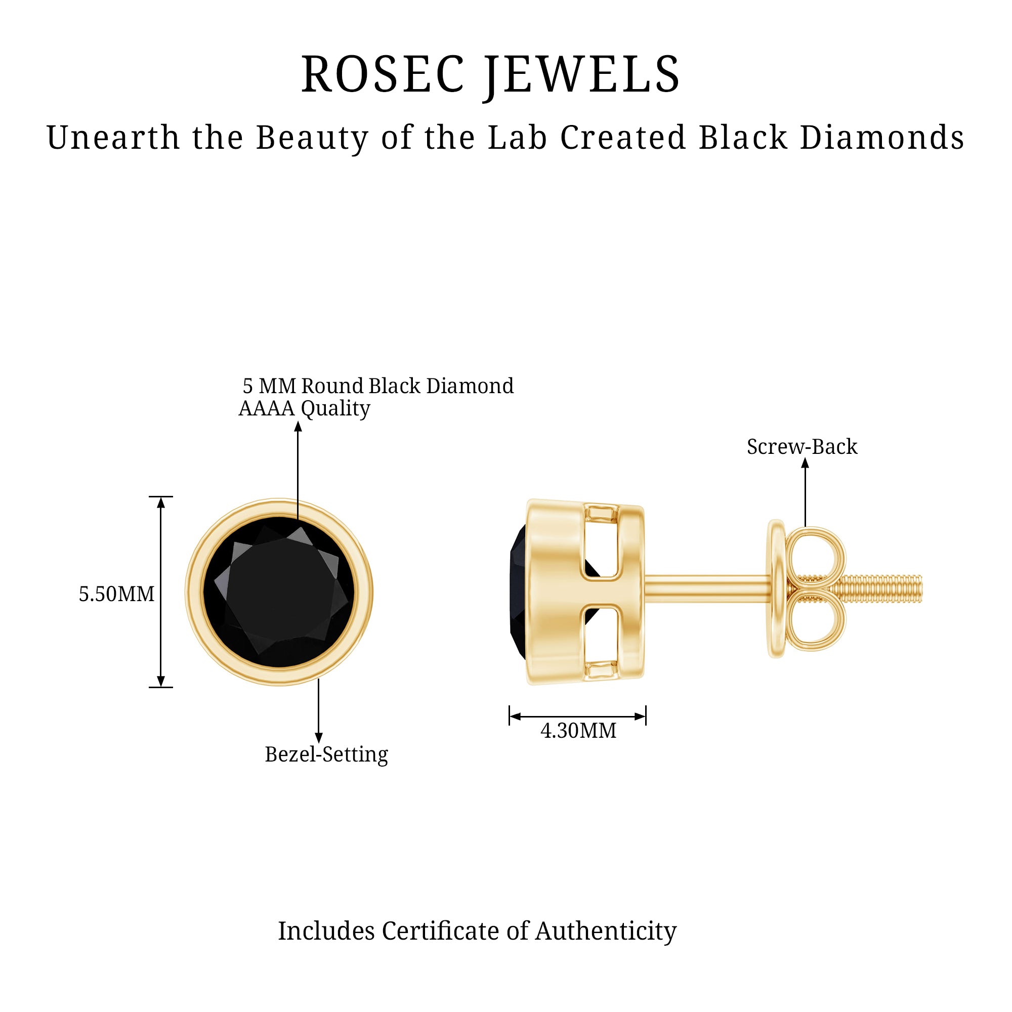 5MM Bezel Set Lab Created Black Diamond Solitaire Stud Earrings AAAA ( Synthetic ) - Rosec Jewels