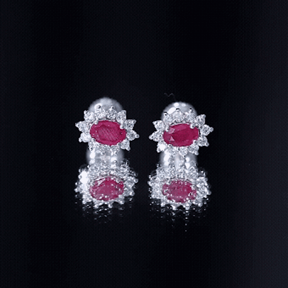 Genuine Oval Cut Ruby and Diamond Halo Stud Earrings AAA - Rosec Jewels