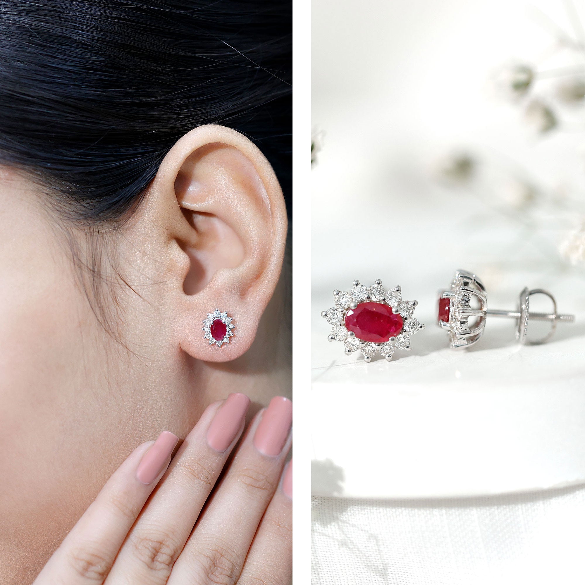 Genuine Oval Cut Ruby and Diamond Halo Stud Earrings AAA - Rosec Jewels