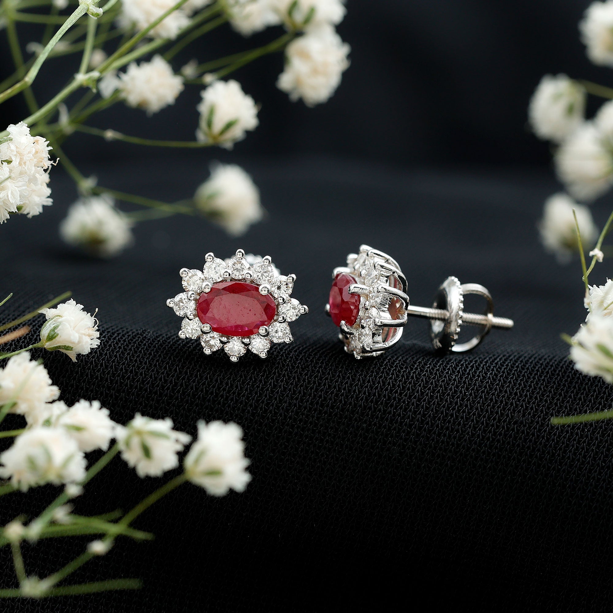 Genuine Oval Cut Ruby and Diamond Halo Stud Earrings AAA - Rosec Jewels