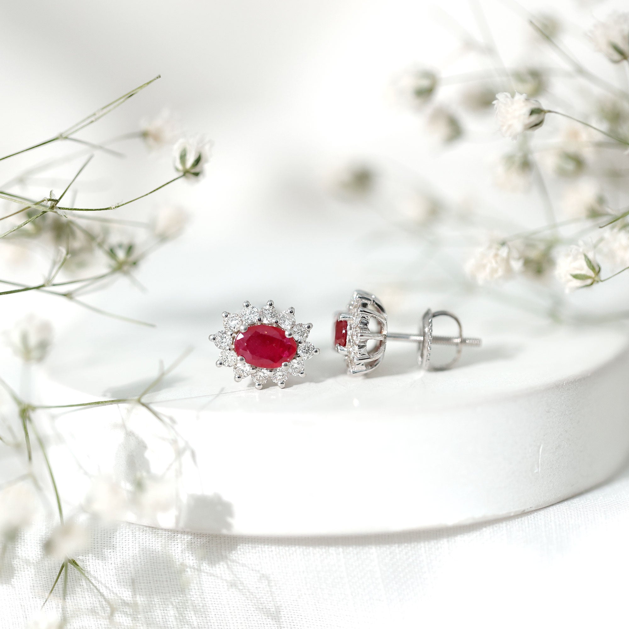 Genuine Oval Cut Ruby and Diamond Halo Stud Earrings AAA - Rosec Jewels