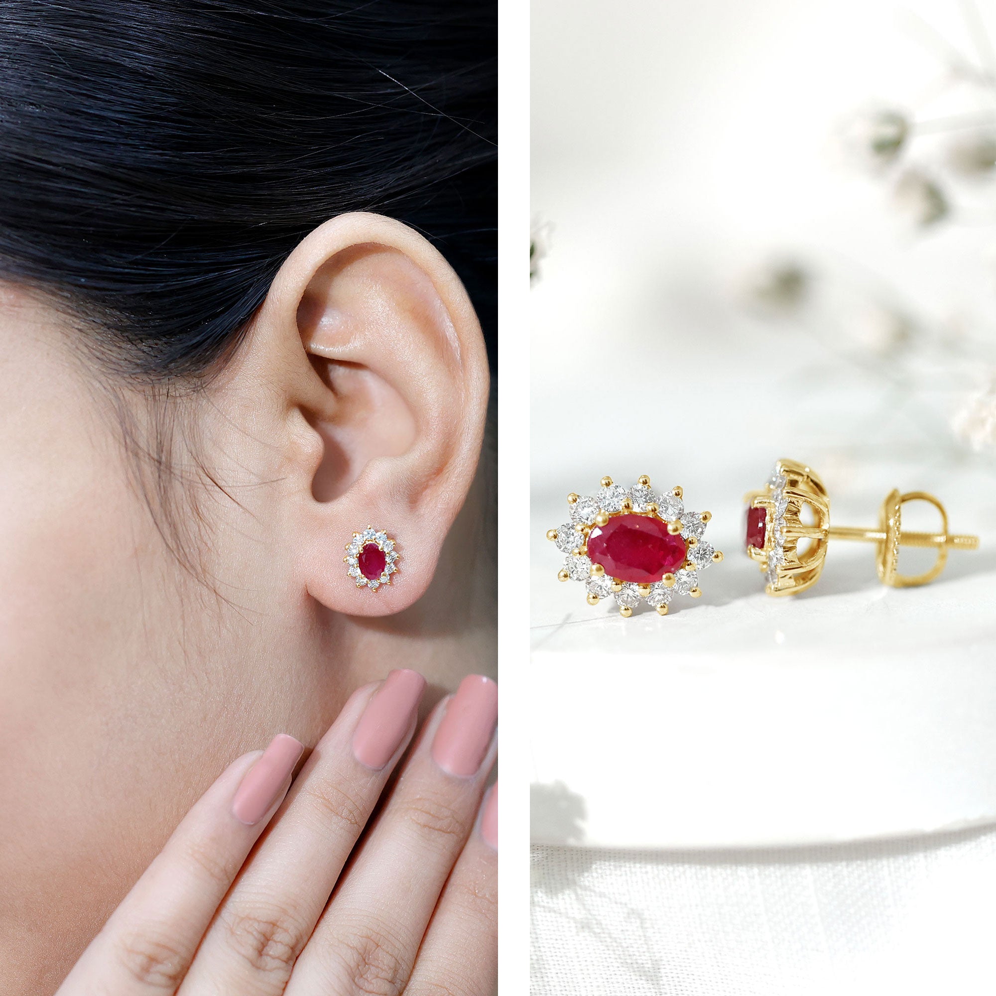 Genuine Oval Cut Ruby and Diamond Halo Stud Earrings AAA - Rosec Jewels