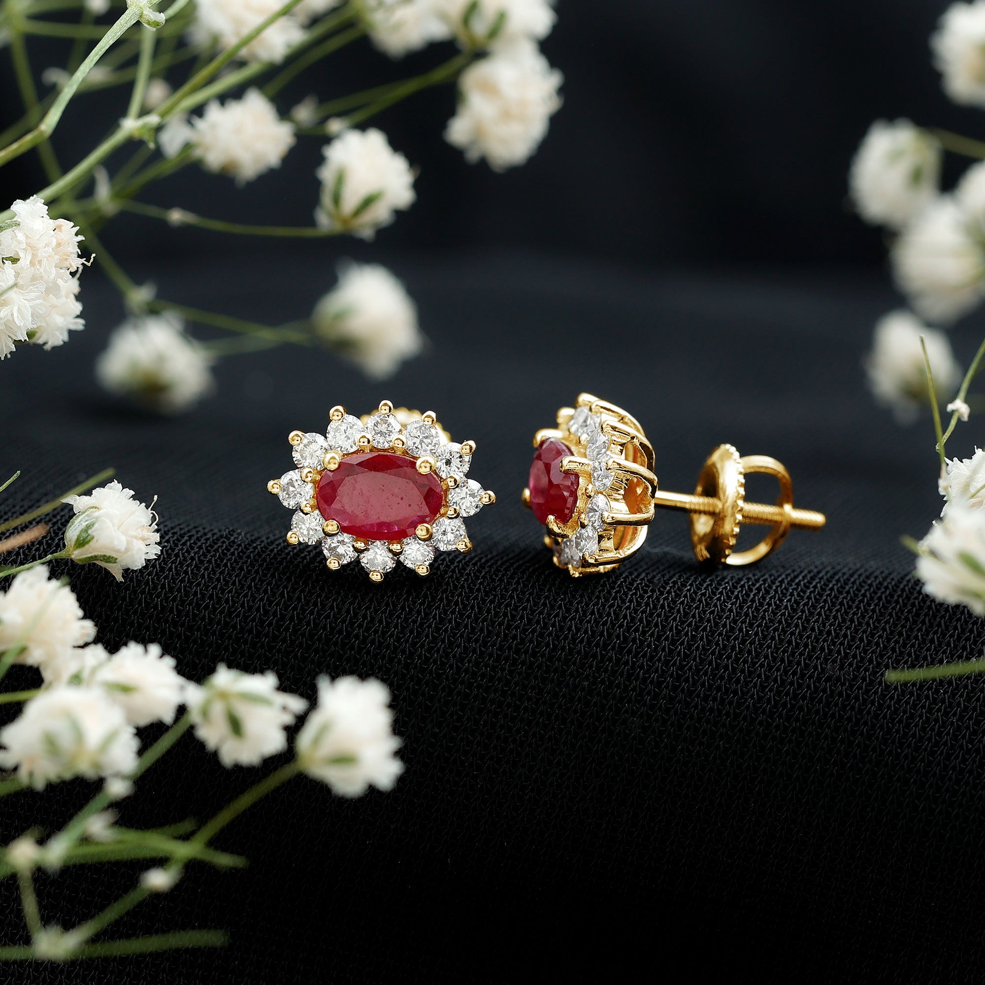 Genuine Oval Cut Ruby and Diamond Halo Stud Earrings AAA - Rosec Jewels