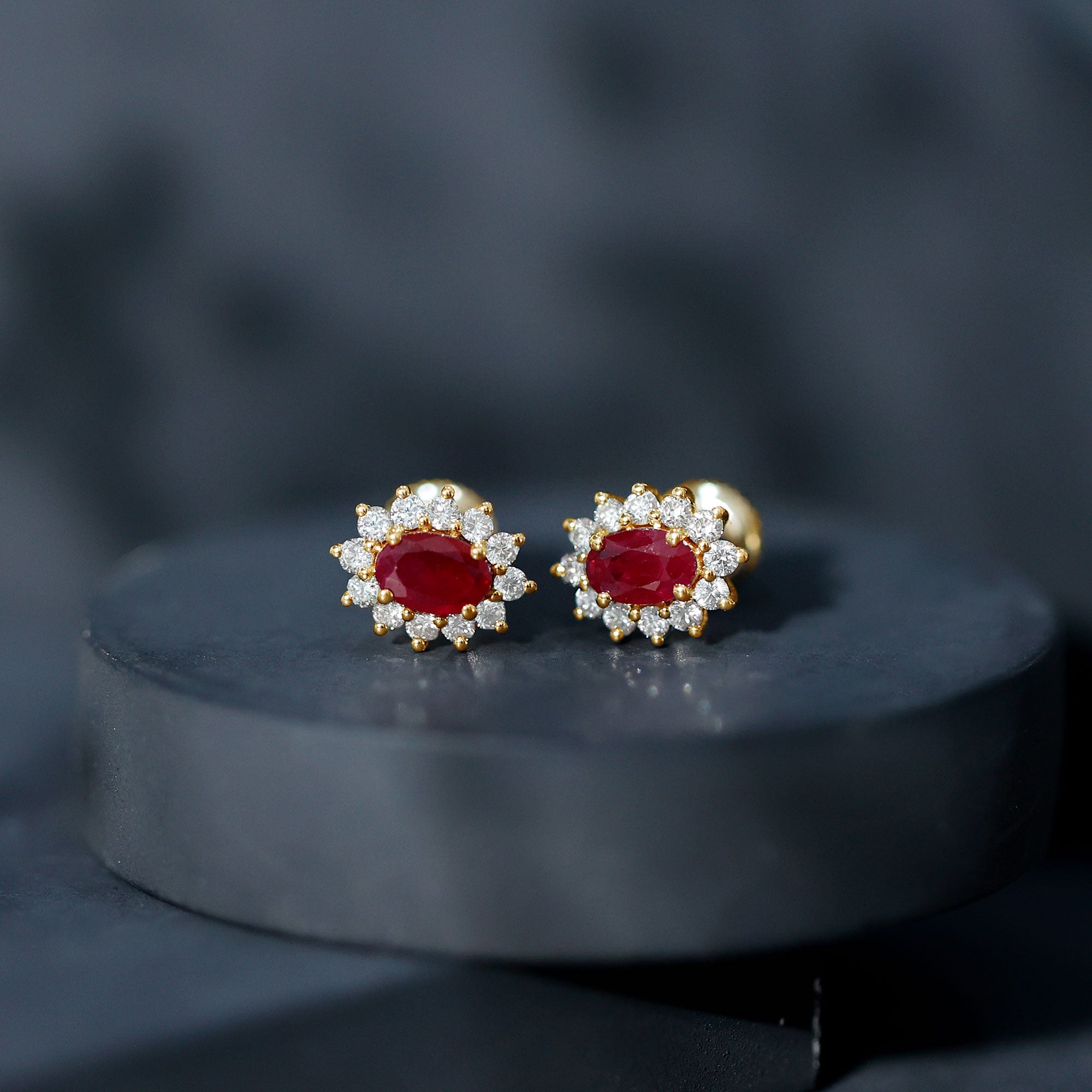 Genuine Oval Cut Ruby and Diamond Halo Stud Earrings AAA - Rosec Jewels