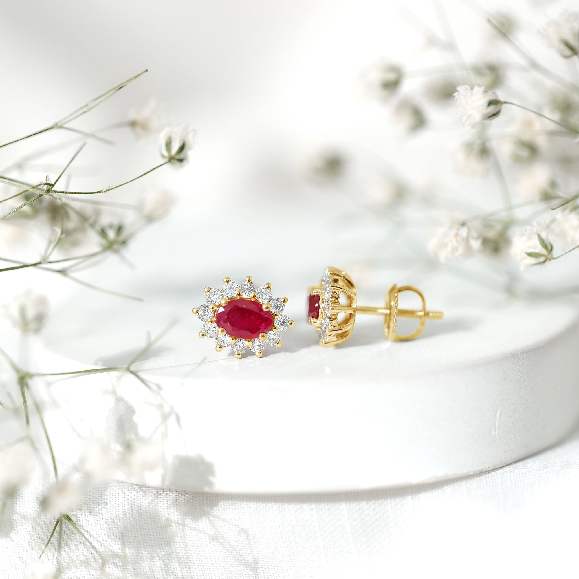 Genuine Oval Cut Ruby and Diamond Halo Stud Earrings AAA - Rosec Jewels