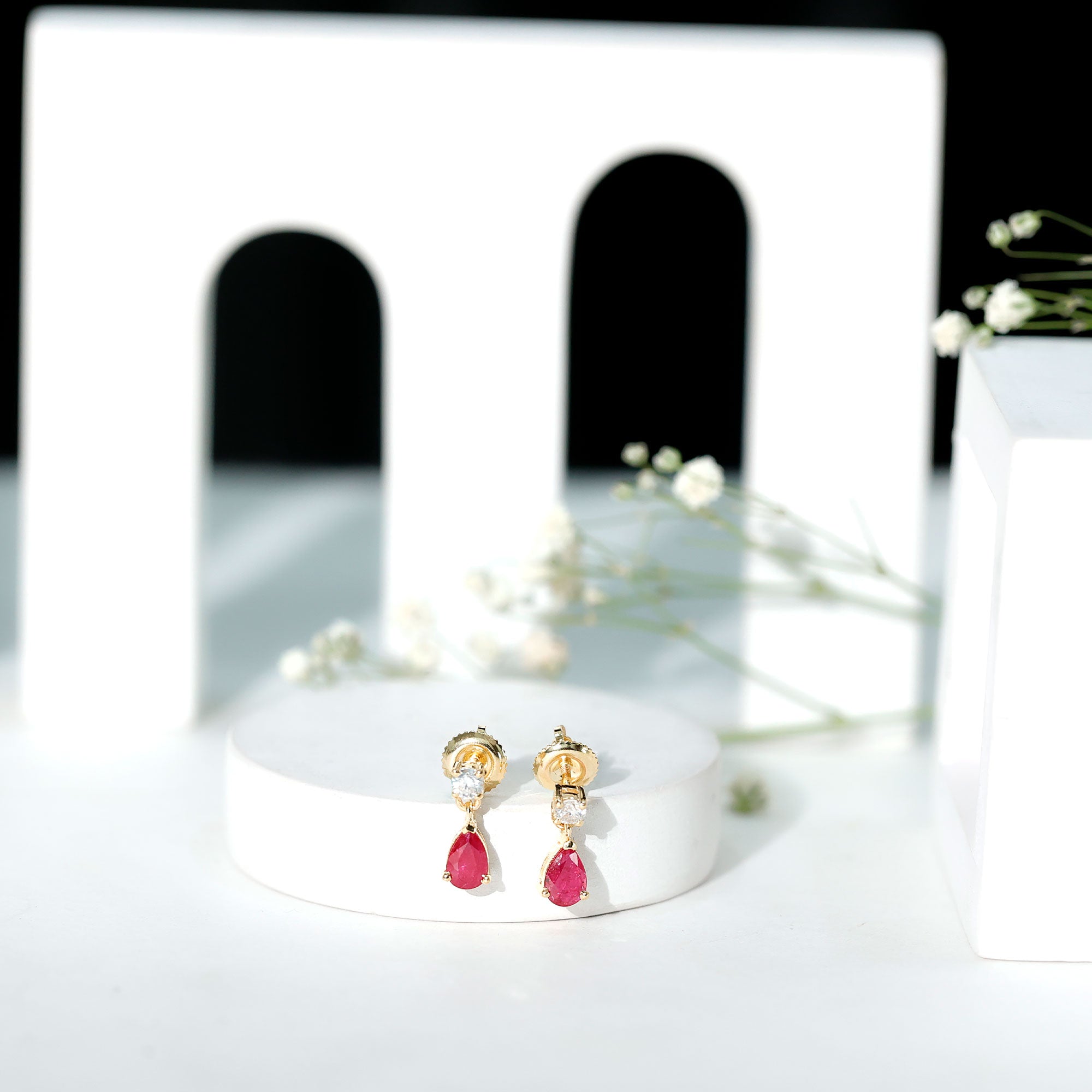 Natural Ruby Teardrop Drop Earrings with Lab Grown Diamond AAA - Rosec Jewels