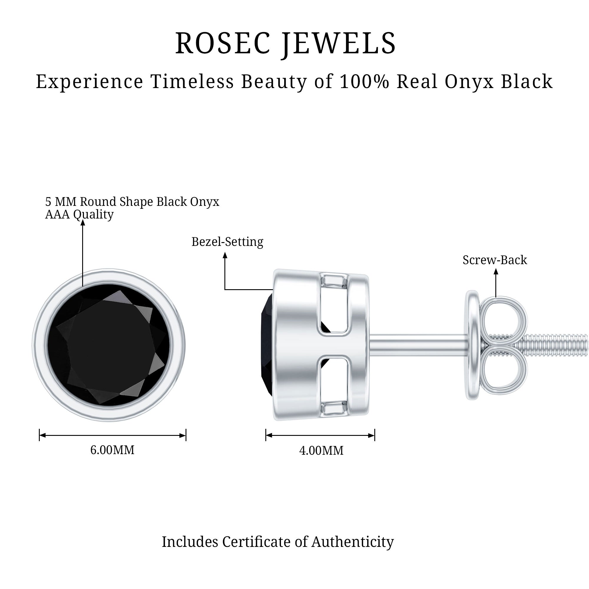 Black Onyx Solitaire Stud Earrings in Bezel Setting AAA - Rosec Jewels