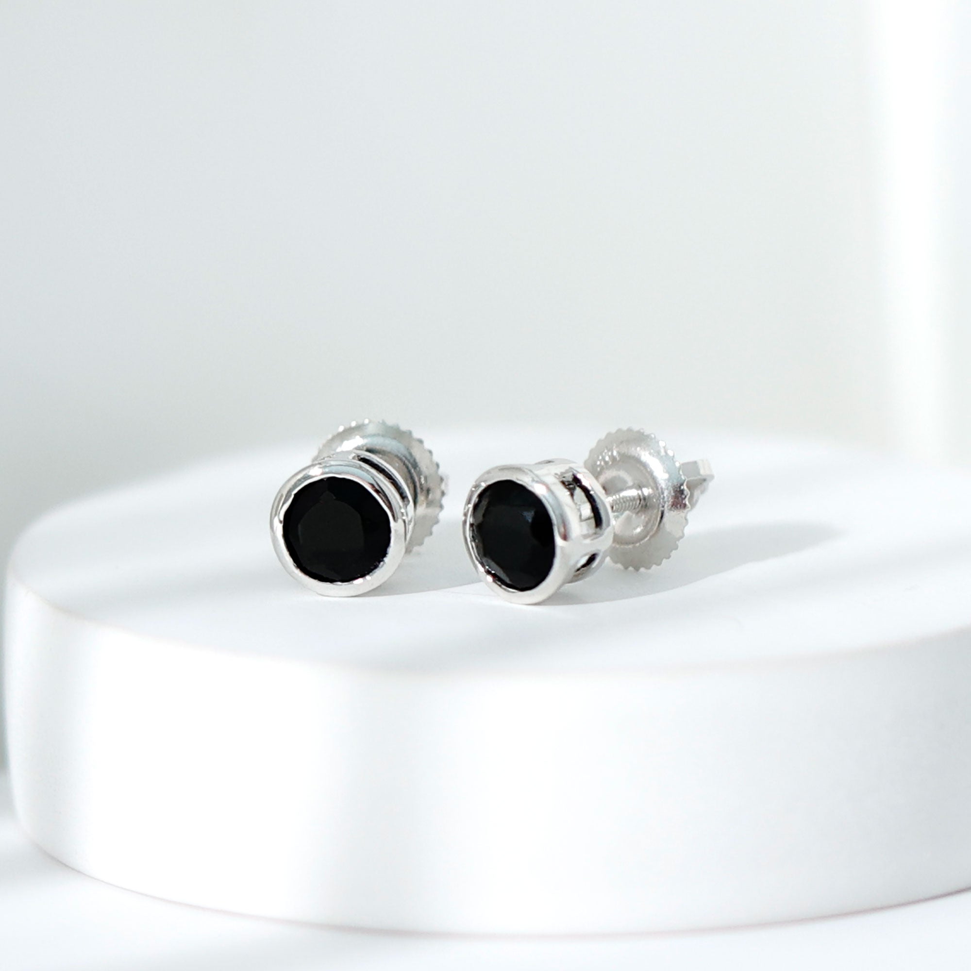 Black Onyx Solitaire Stud Earrings in Bezel Setting AAA - Rosec Jewels