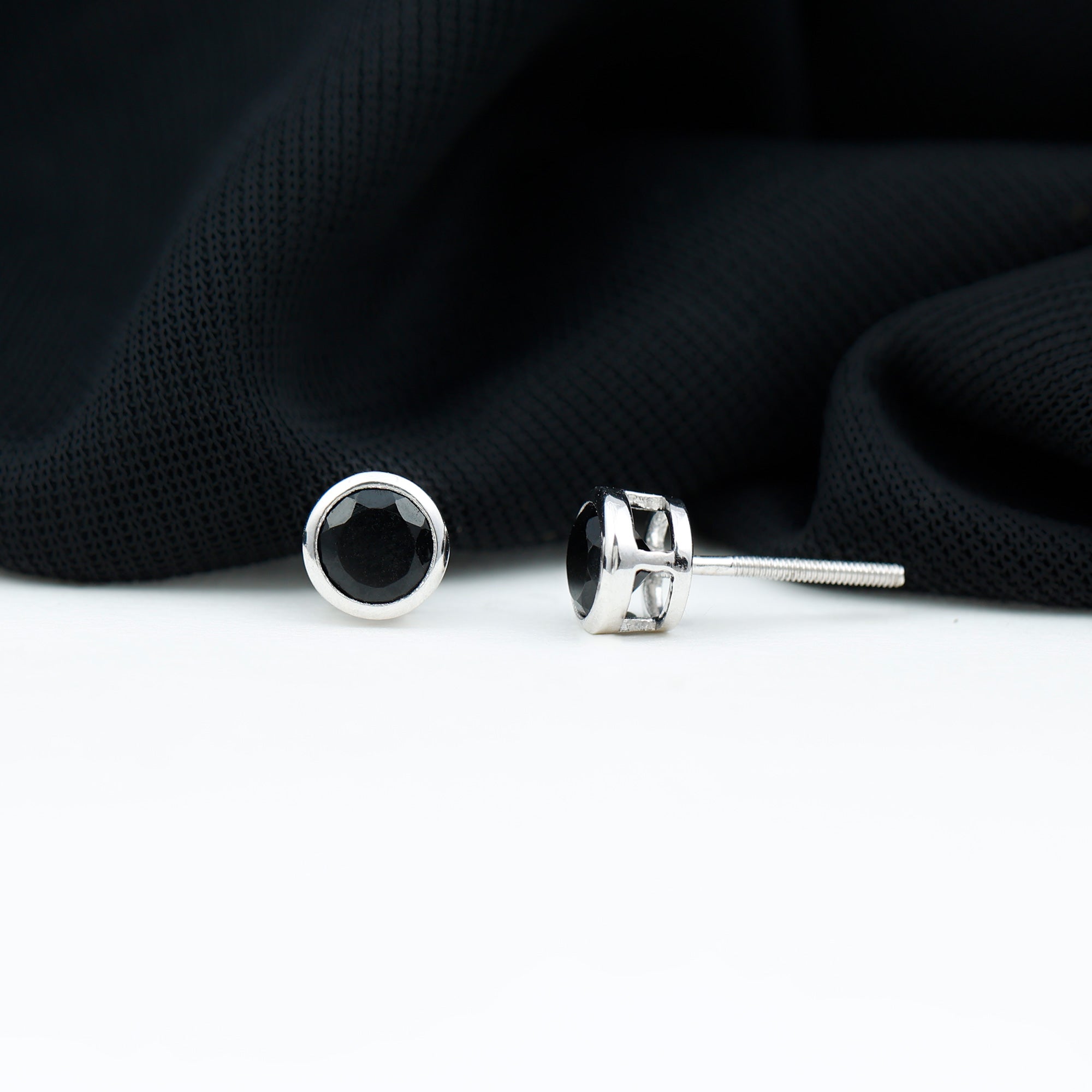 Black Onyx Solitaire Stud Earrings in Bezel Setting AAA - Rosec Jewels