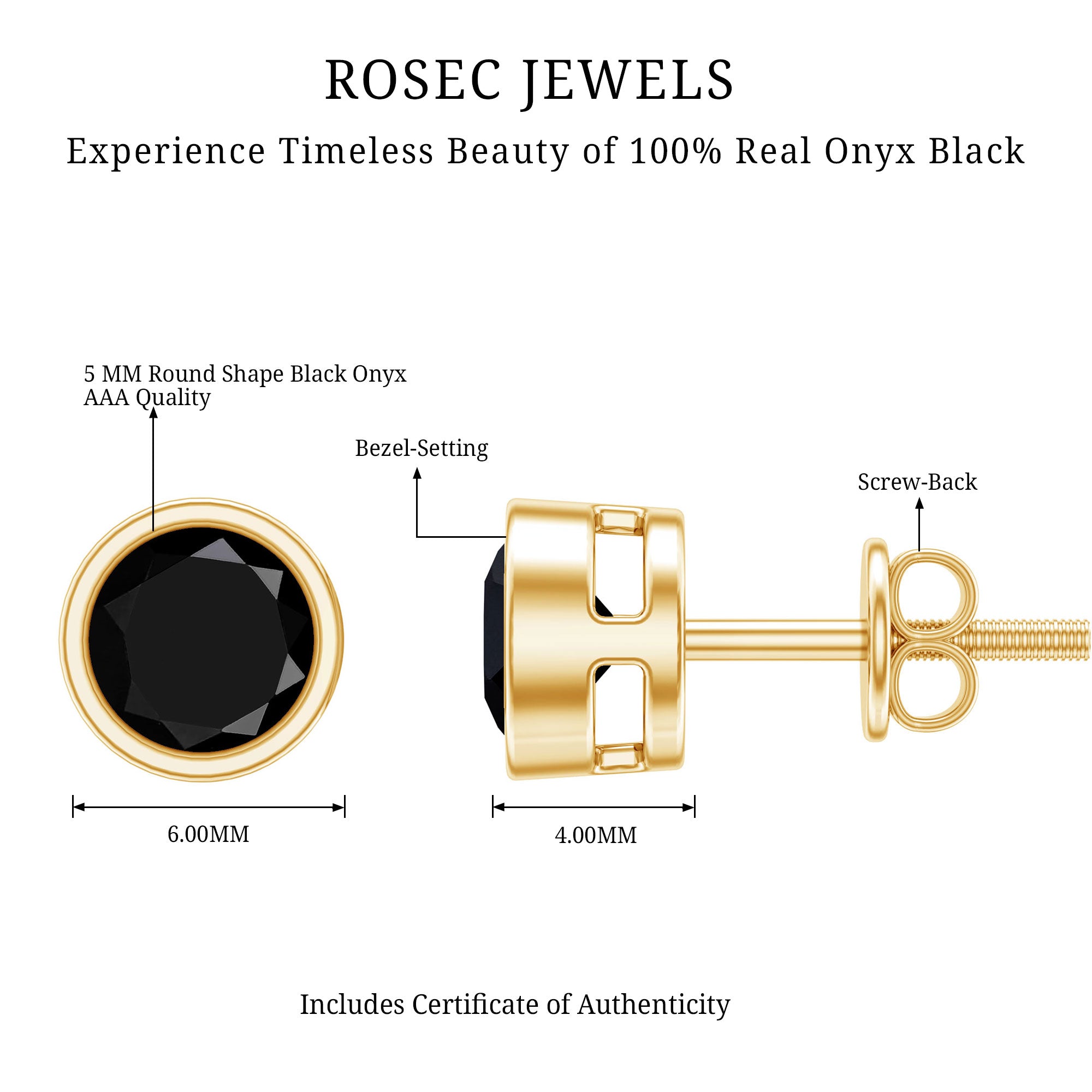 Black Onyx Solitaire Stud Earrings in Bezel Setting AAA - Rosec Jewels