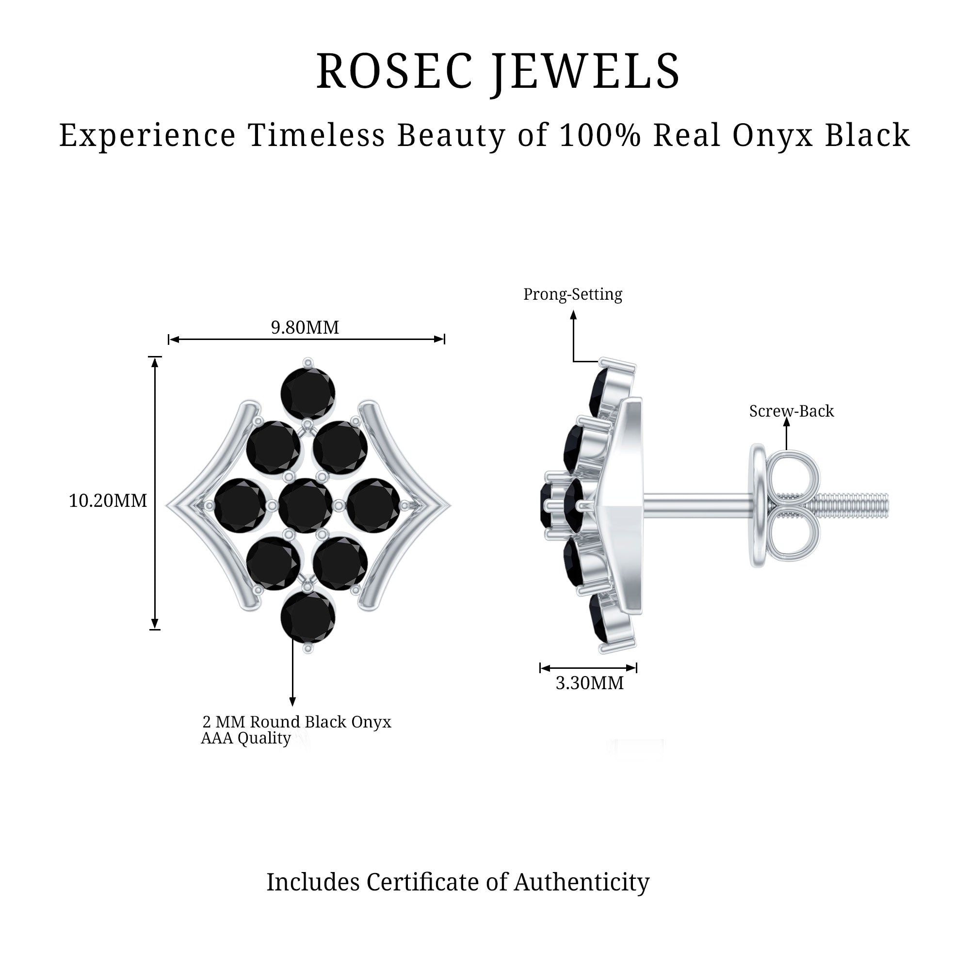 1/2 CT Black Onyx Cluster Stud Earrings AAA - Rosec Jewels