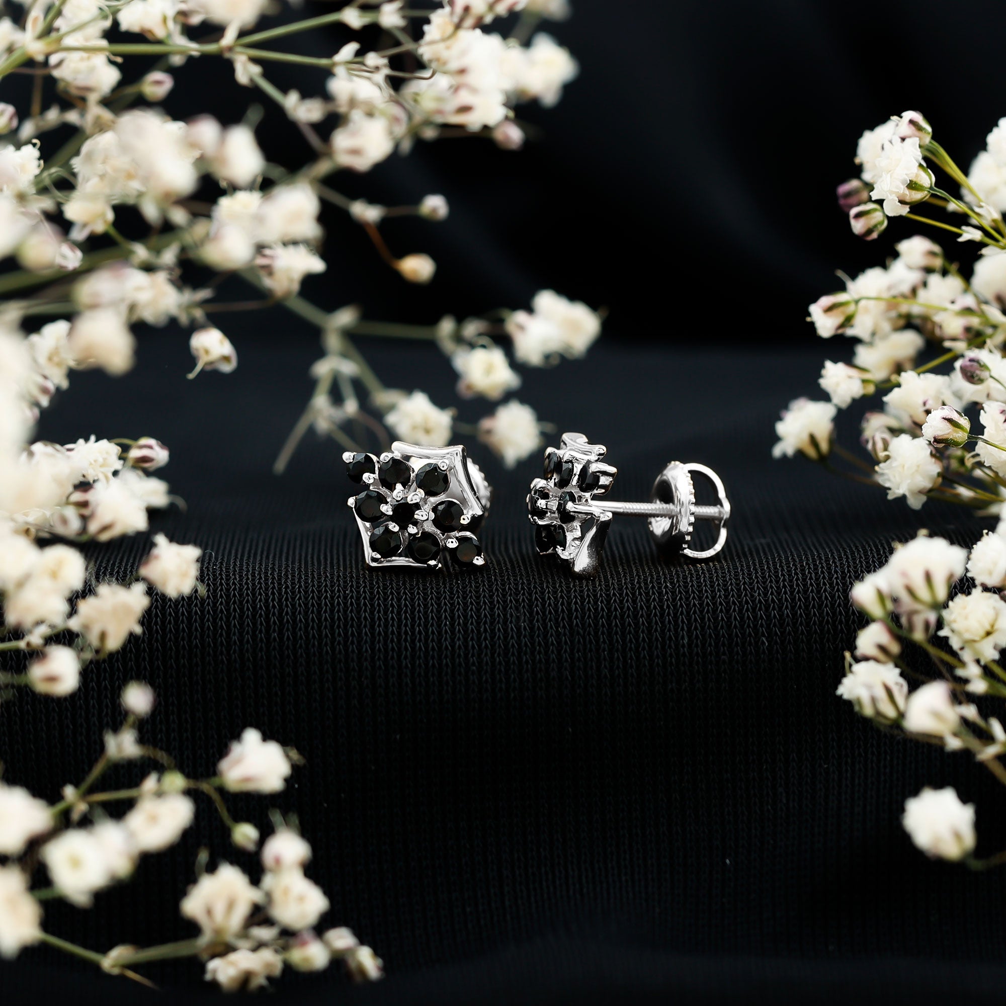 1/2 CT Black Onyx Cluster Stud Earrings AAA - Rosec Jewels