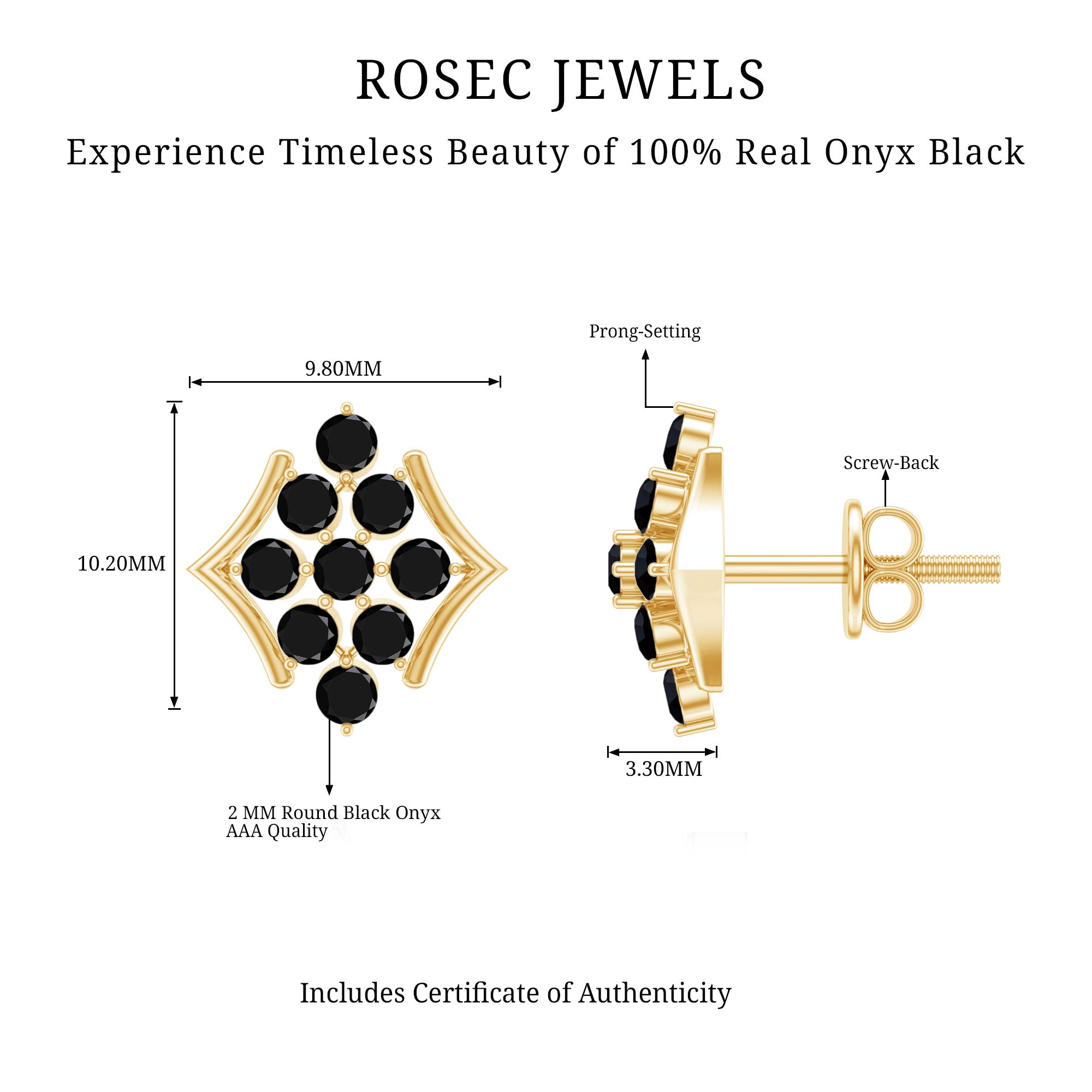 1/2 CT Black Onyx Cluster Stud Earrings AAA - Rosec Jewels