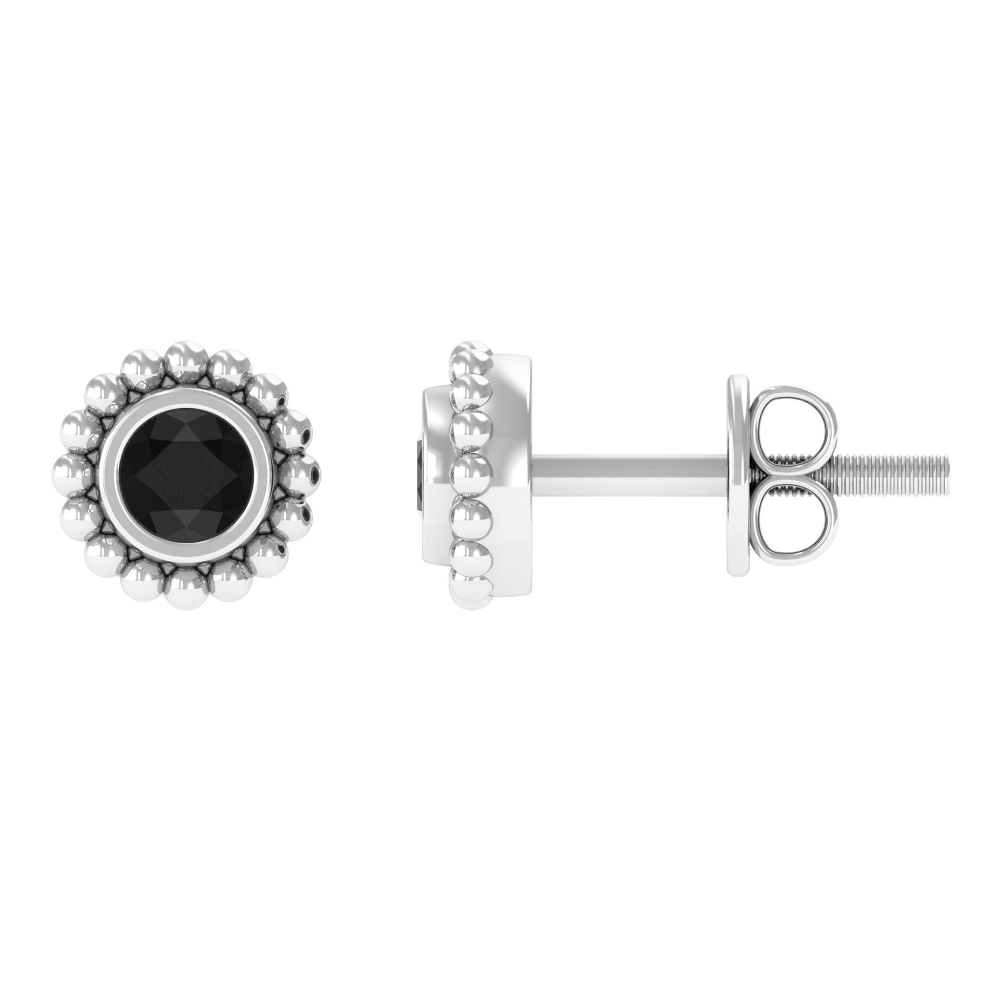 Bezel Set Black Spinel Stud Earrings with Beaded Gold