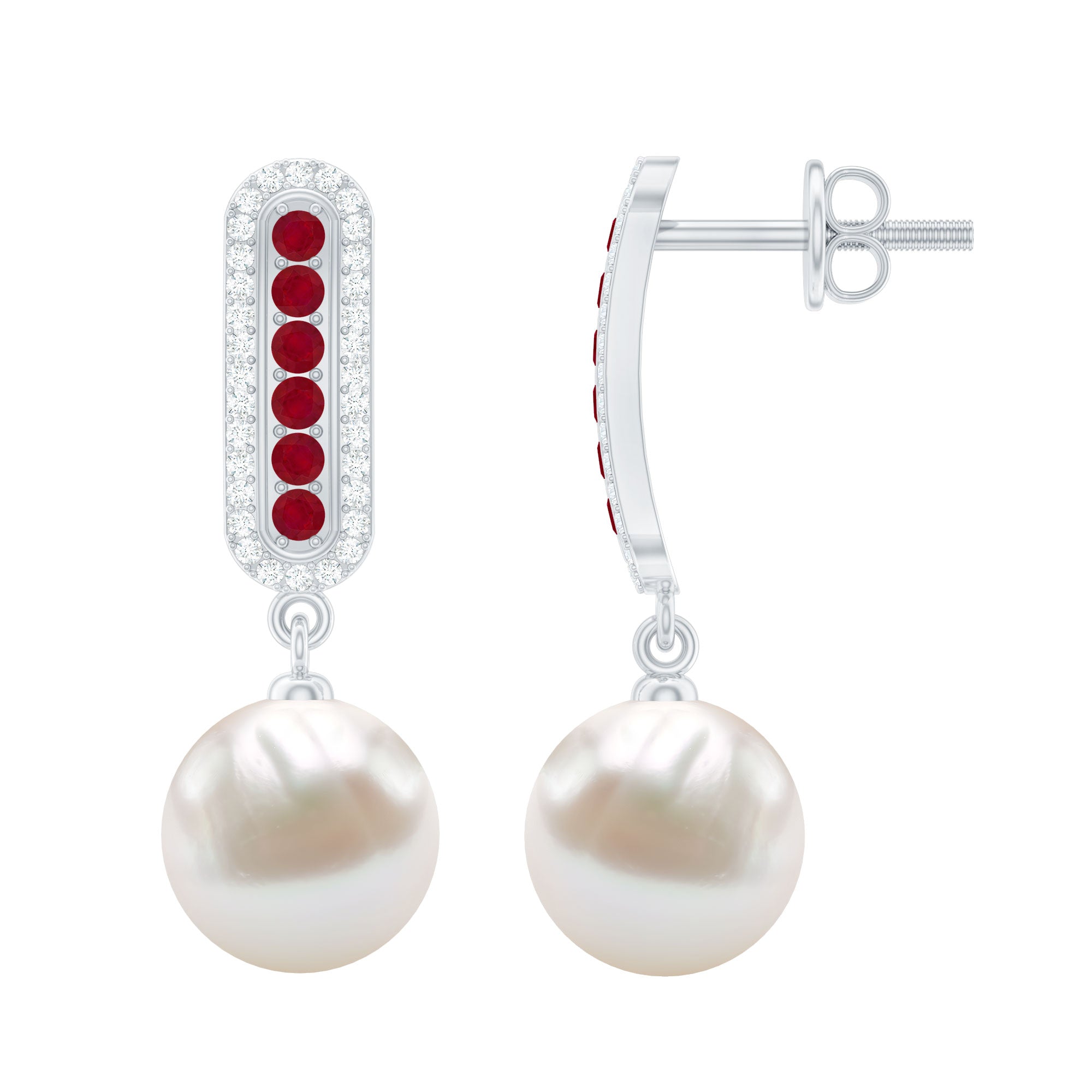 Pearl Bridal Earrings with Ruby and Diamond
