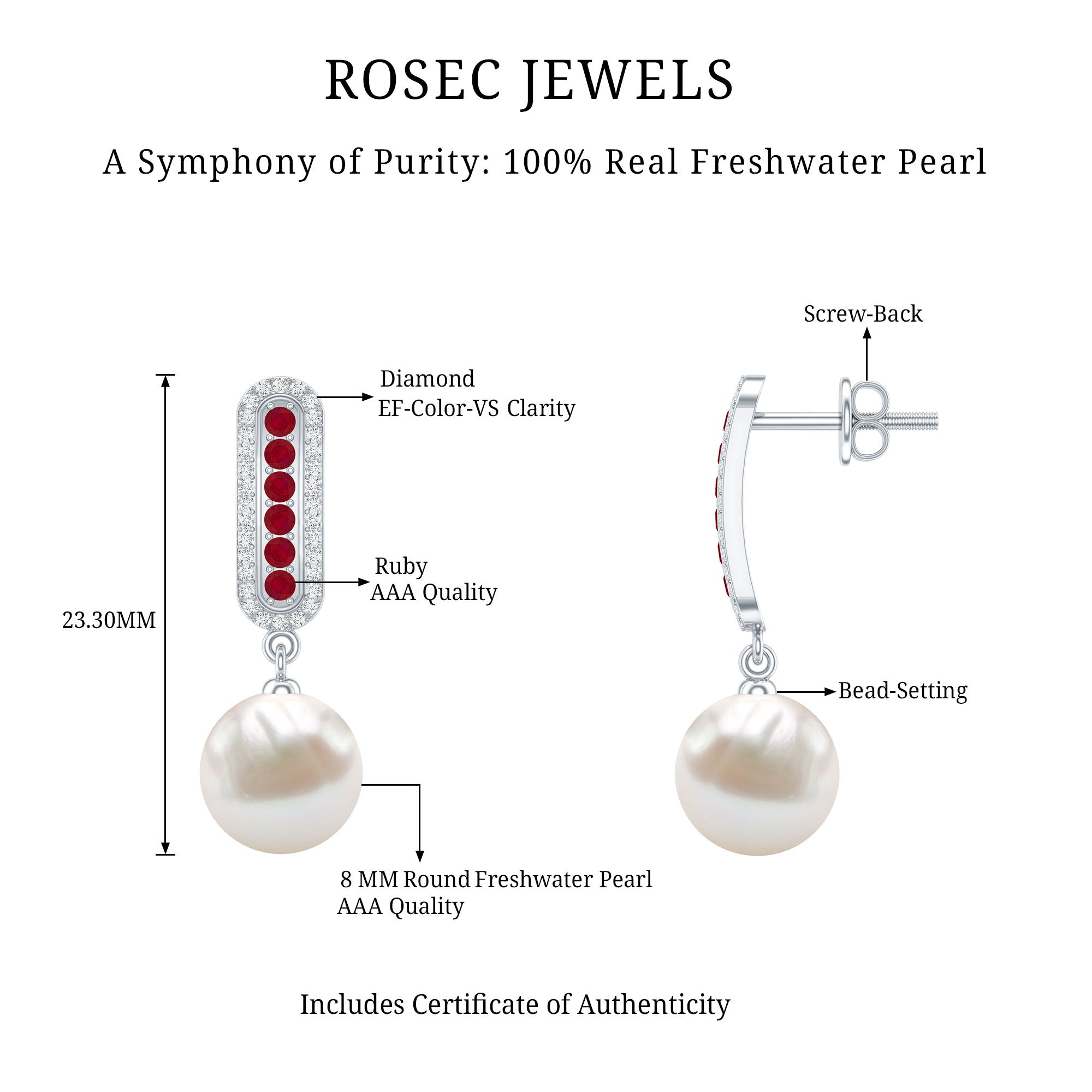 Pearl Bridal Earrings with Ruby and Diamond AAA - Rosec Jewels