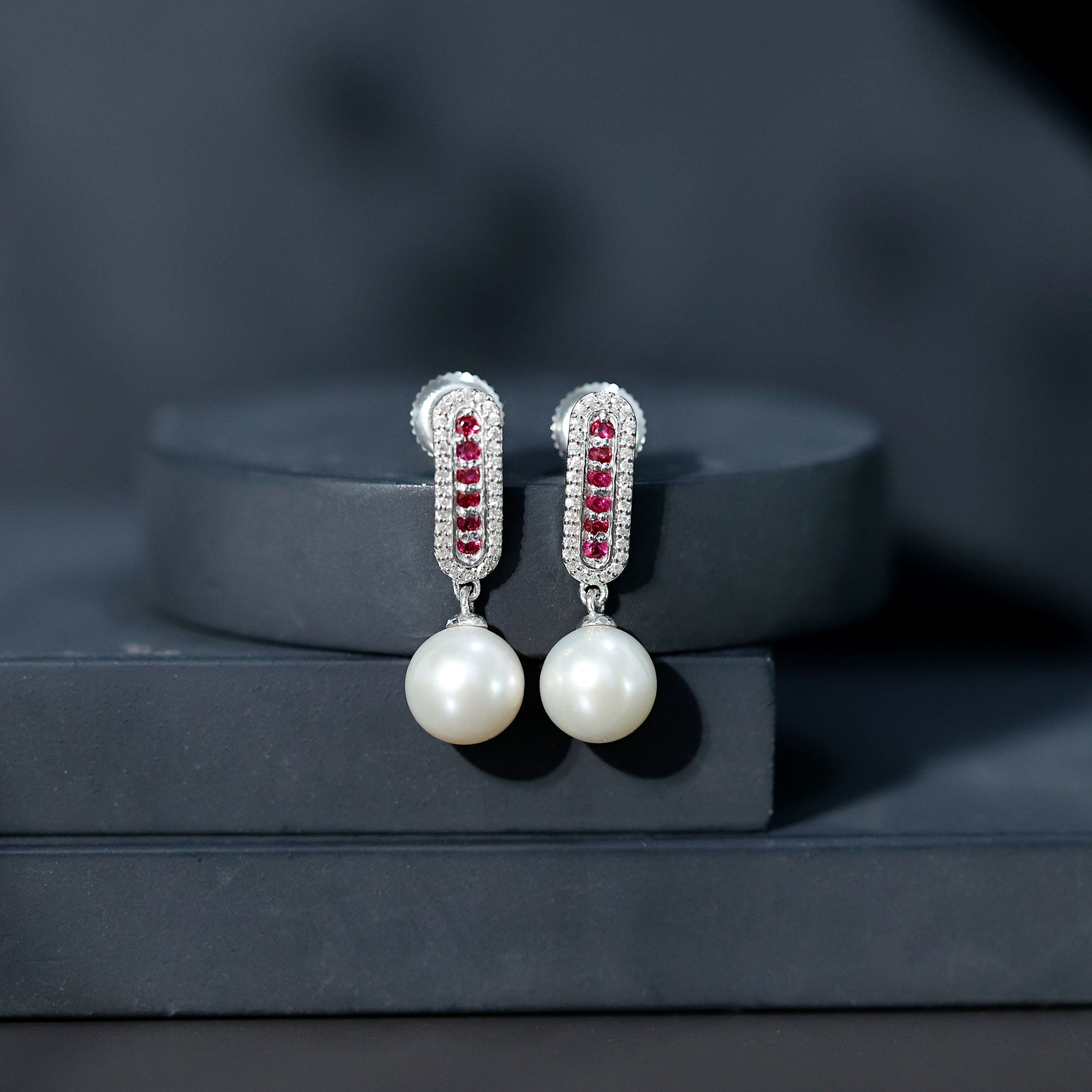 Pearl Bridal Earrings with Ruby and Diamond AAA - Rosec Jewels