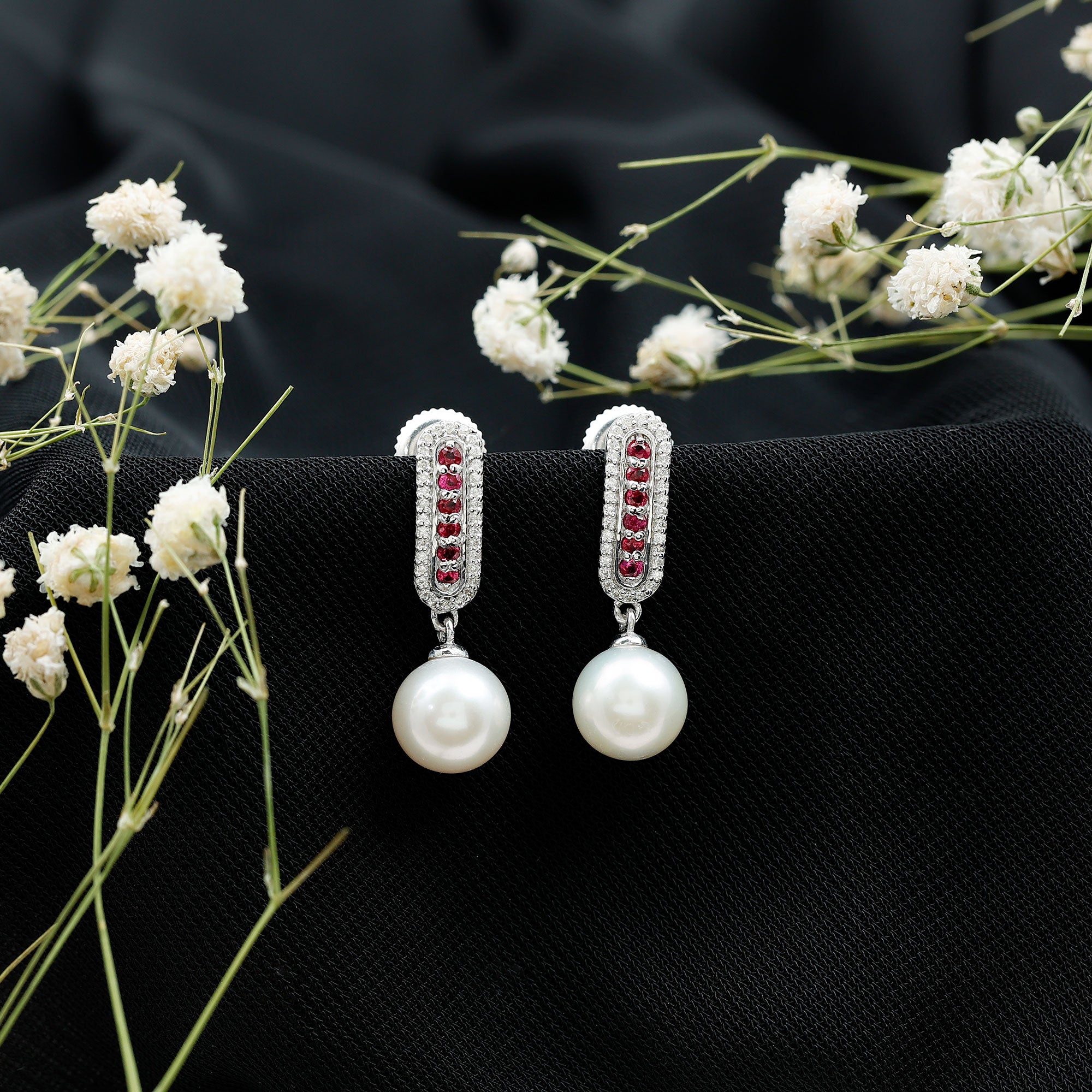 Pearl Bridal Earrings with Ruby and Diamond AAA - Rosec Jewels
