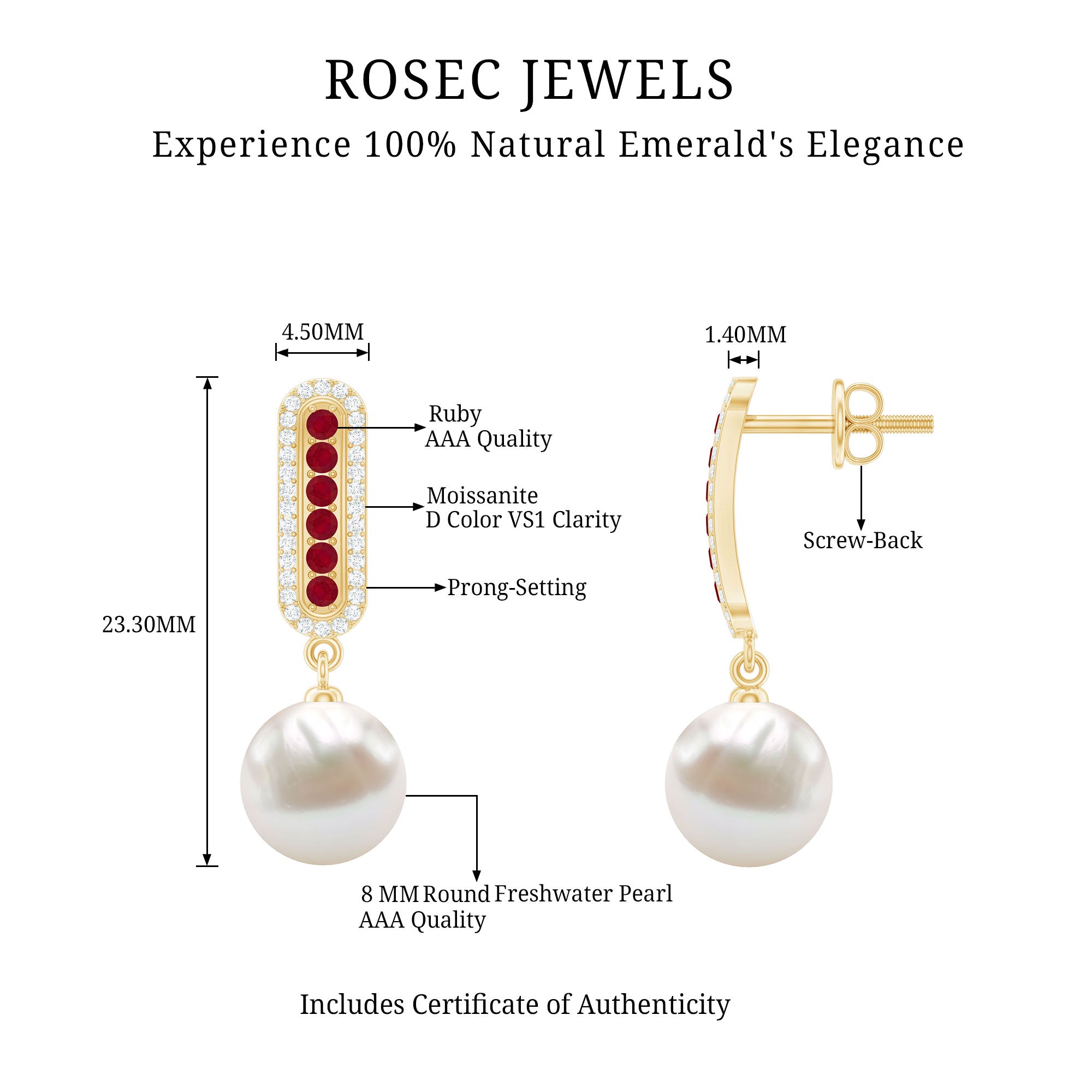 Pearl Bridal Earrings with Ruby and Diamond AAA - Rosec Jewels