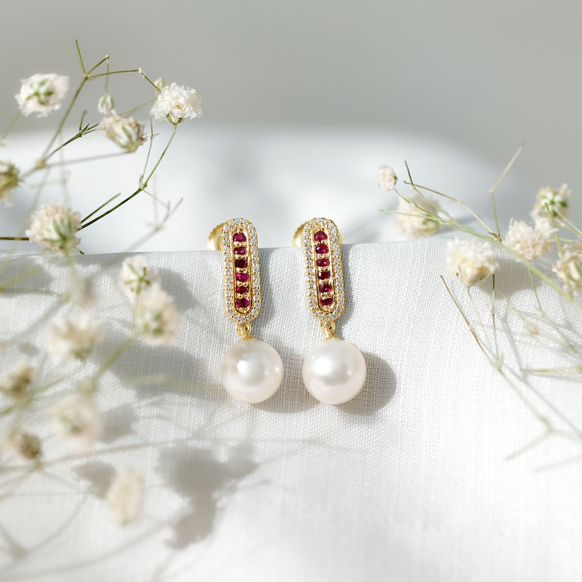 Pearl Bridal Earrings with Ruby and Diamond AAA - Rosec Jewels