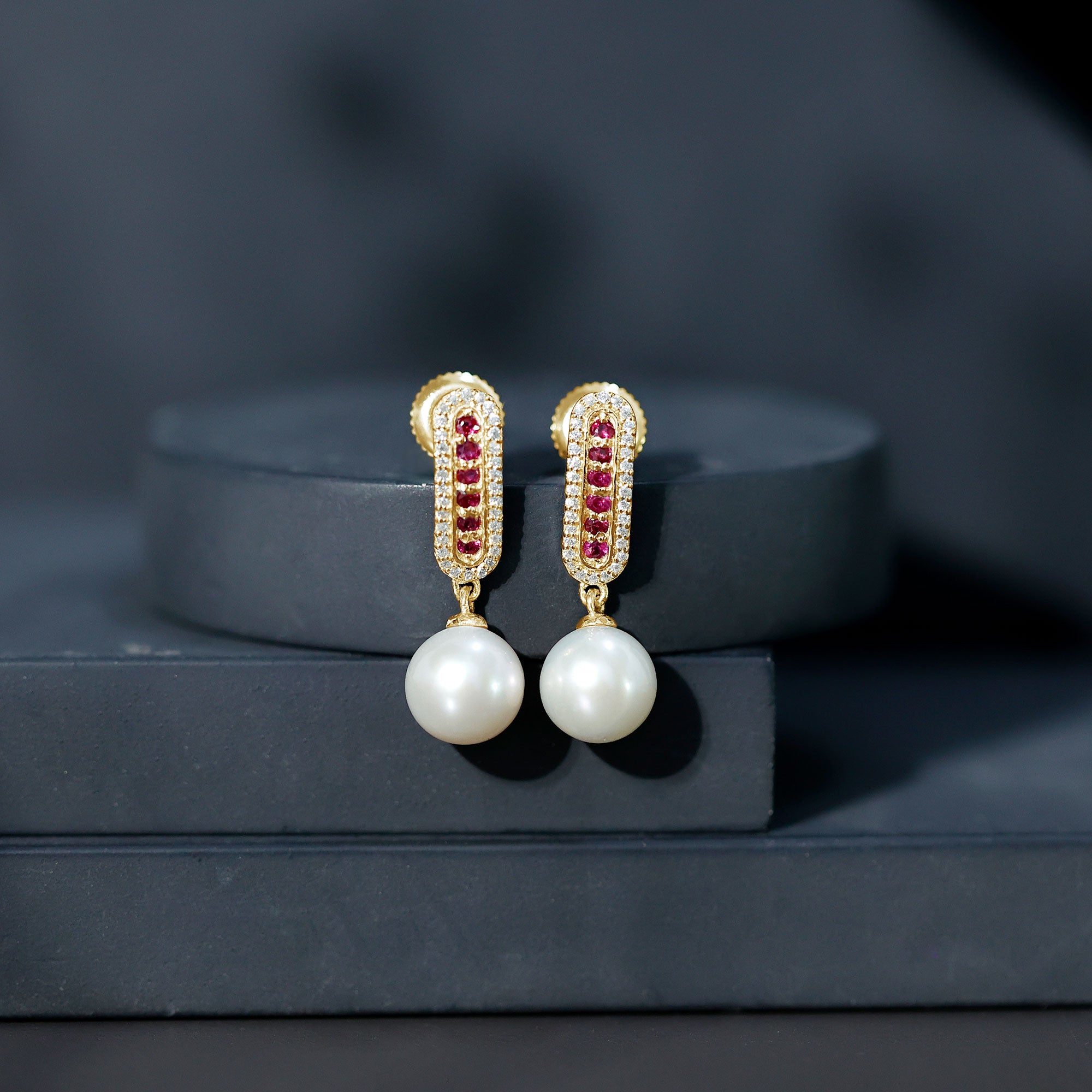 Pearl Bridal Earrings with Ruby and Diamond AAA - Rosec Jewels