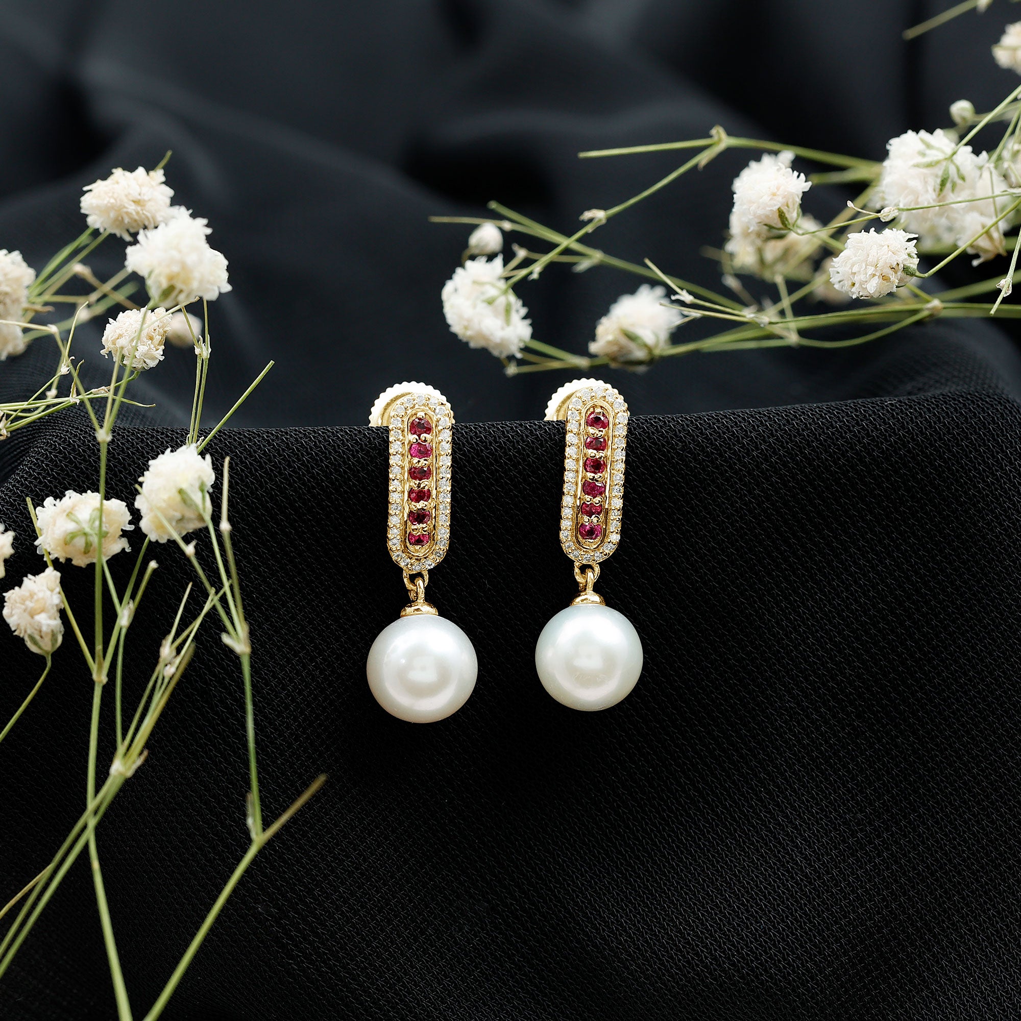 Pearl Bridal Earrings with Ruby and Diamond AAA - Rosec Jewels