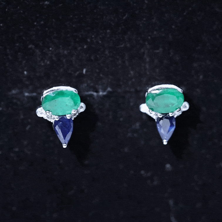 Blue Sapphire and Emerald Vintage Stud Earrings with Diamond AAA - Rosec Jewels