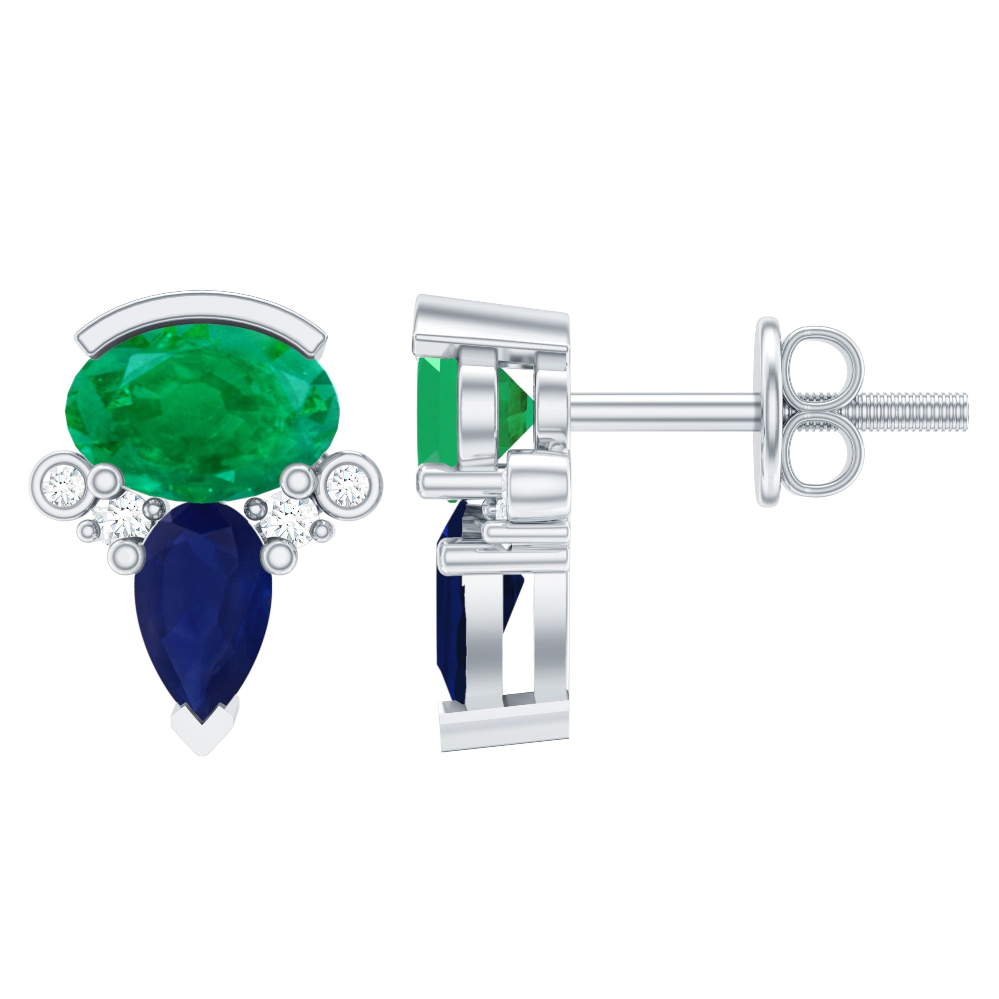 Blue Sapphire and Emerald Vintage Stud Earrings with Diamond AAA - Rosec Jewels