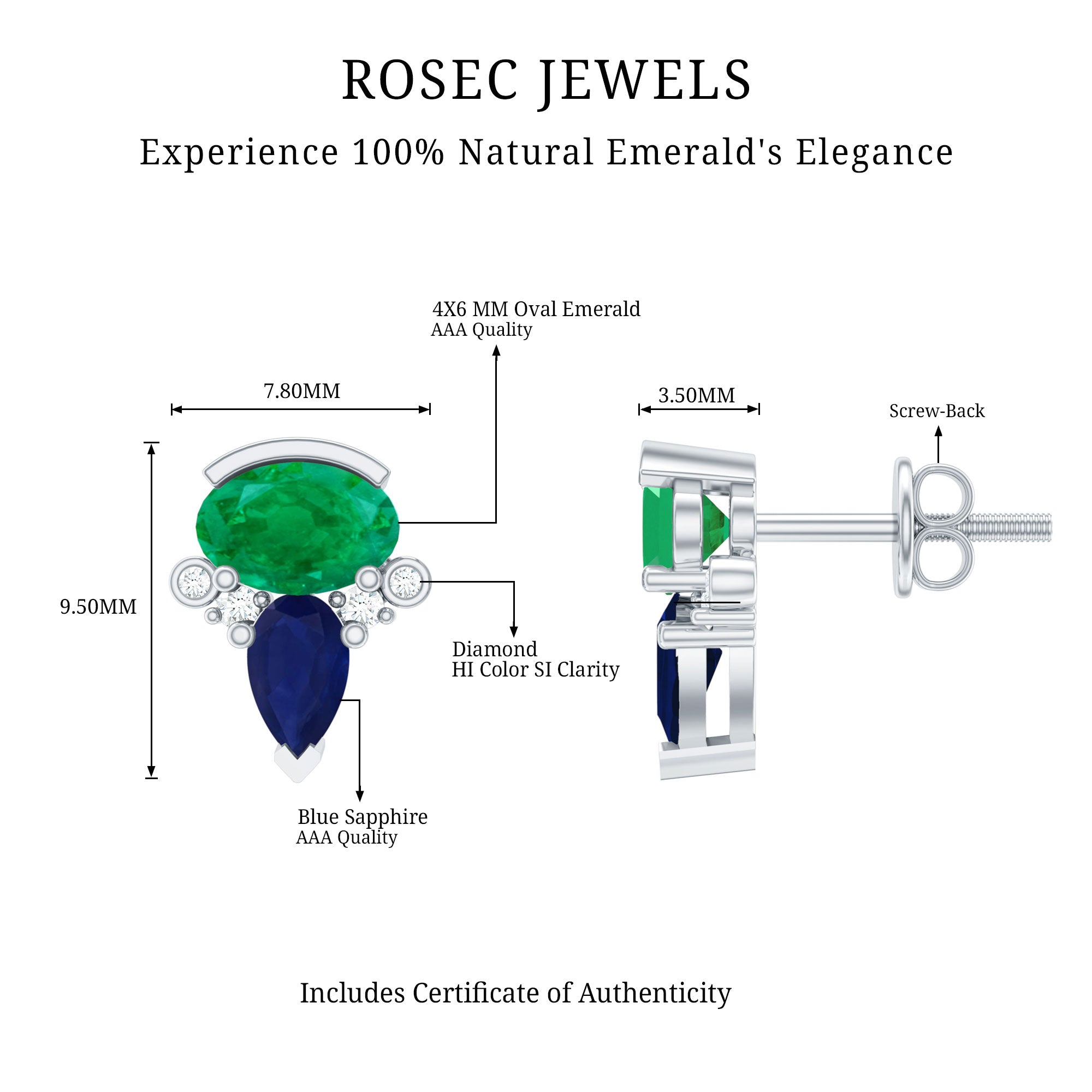 Blue Sapphire and Emerald Vintage Stud Earrings with Diamond AAA - Rosec Jewels