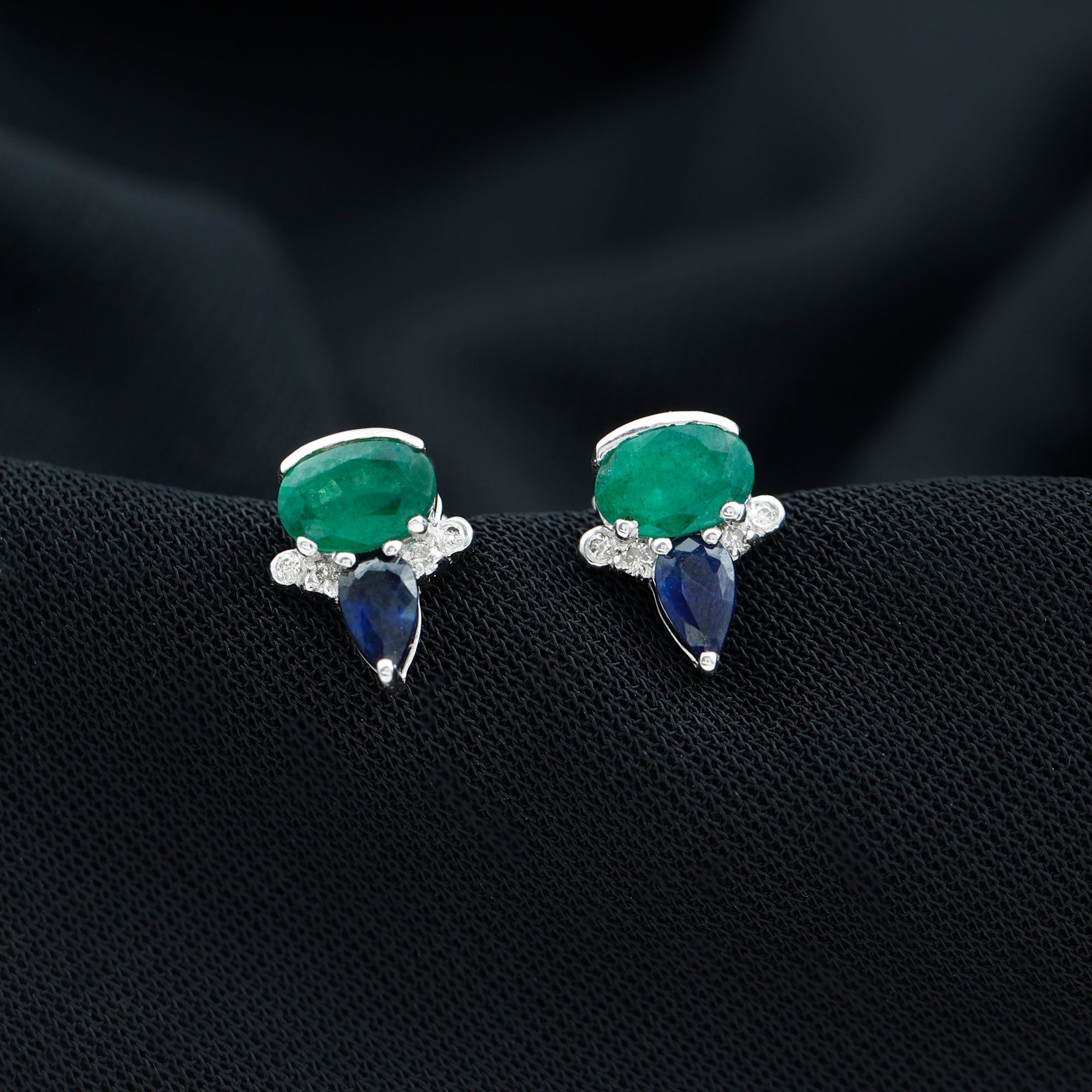 Blue Sapphire and Emerald Vintage Stud Earrings with Diamond AAA - Rosec Jewels